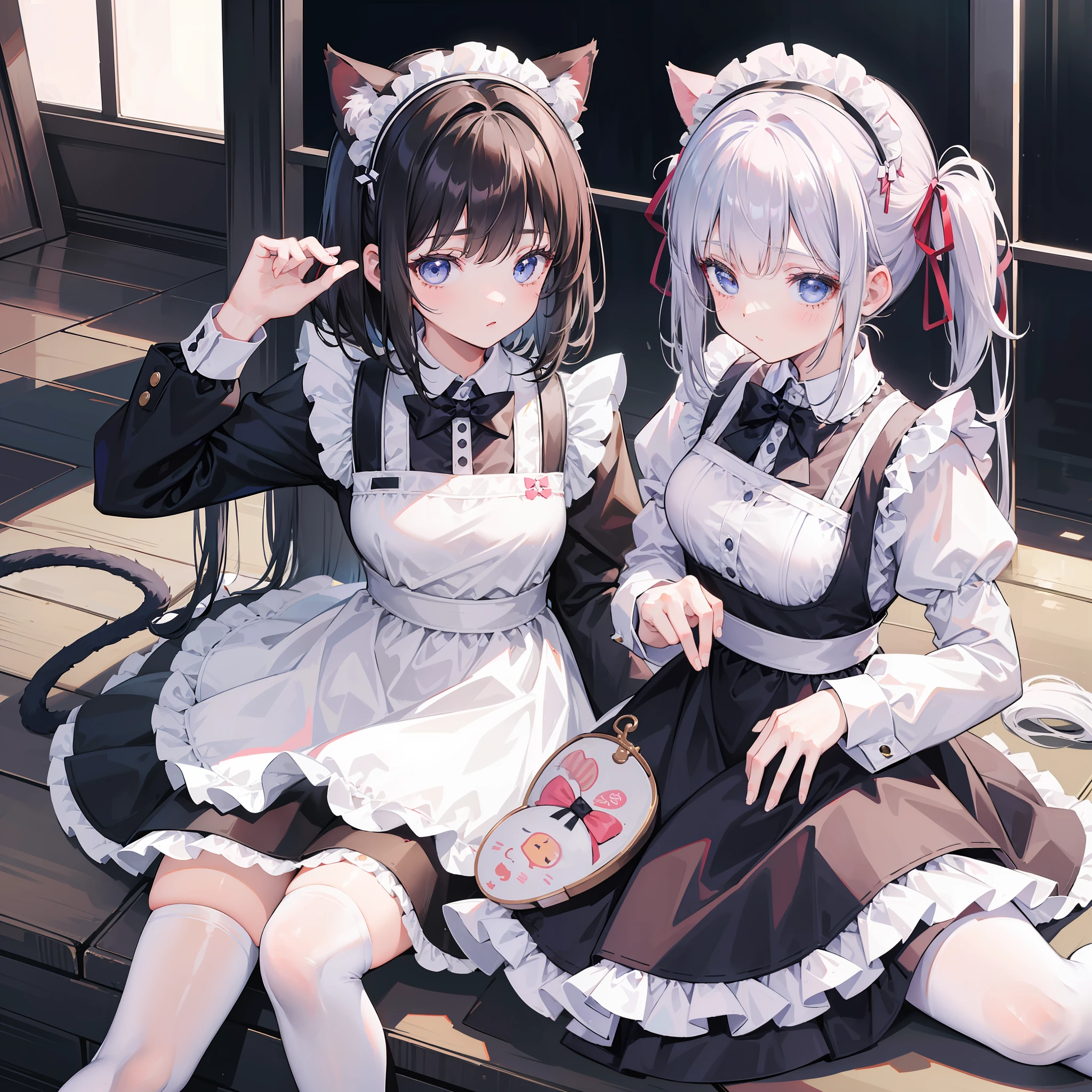 (Best quality),(Detailed), (2 girls),A girl wearing a JK uniform,Another girl wears a maid outfit,Girls in maid outfits have cat tails,Girls in maid outfits have cat ears on the top of their heads,Girl in JK uniform pressed on top of girl in maid outfit,white thighhighs, short detailed hair,Medium breasts