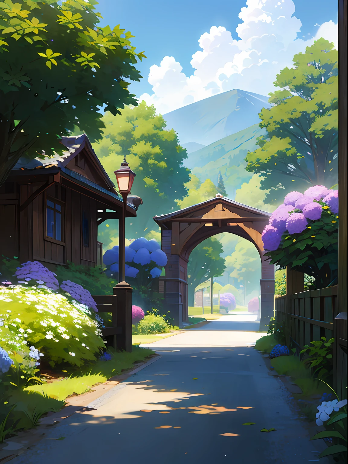 (ultra high res,photorealistic,best quality,photo-realistic),(8k,raw photo,best quality,masterplece),(photon mapping,radiosity,physically-based rendering,automatic white balance),real person,photograph,bridge, building, bush, city, cloud, day, door, fence, field,orest, garden, grass, house, hydrangea, mountain, nature, no_humans, outdoors, path, plant, potted_plant, purple_flower, road, scenery, sky, skyscraper, traditional_media, tree,