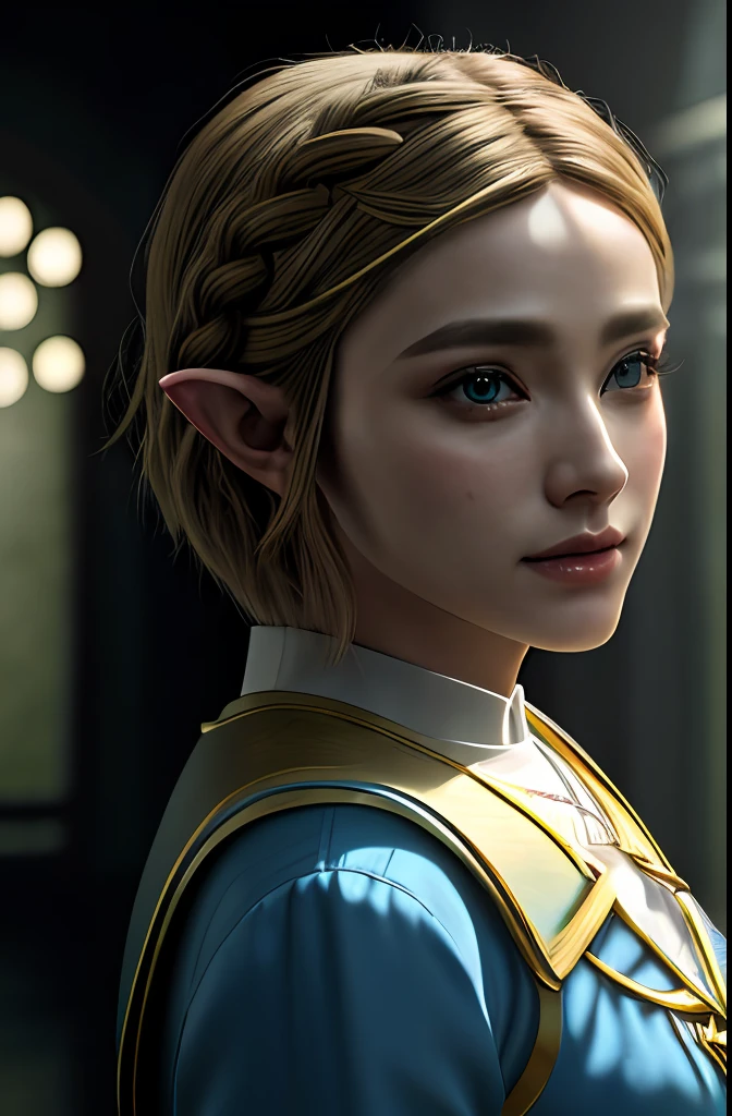 Princess Zelda, short hair, capelet, BREAK (masterpiece:1.2) (photorealistic:1.2) (best quality) (detailed skin:1.2) (intricate details) (8k) (HDR) (cinematic lighting:1.2) (sharp focus),