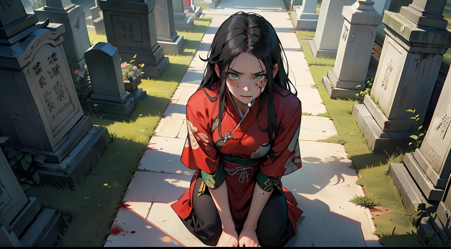 Kizi, ((Green eyes)), ((Long black hair),Red dress with white gauze, Young woman,Head down,His face turned pale,The expression is grim,terroral,lies on the ground,The injuries were serious,Lots of Blood,bleeding from the corners of her mouth,Orbital hemorrhage,Full body like,Faraway view,(Background with:A gloomy cemetery in ancient China)