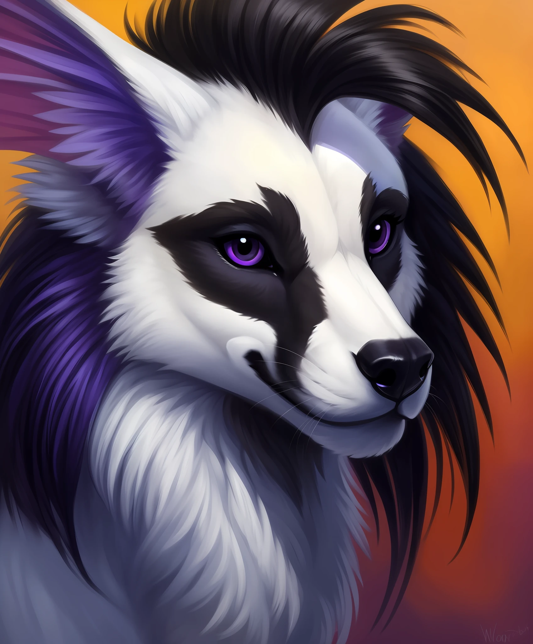 (feral), female, white body, dark purple eyes, black hair, folded wings, mohawk, looking at you, black eye shadow, digital artwork, oil painting, soft shading, portrait