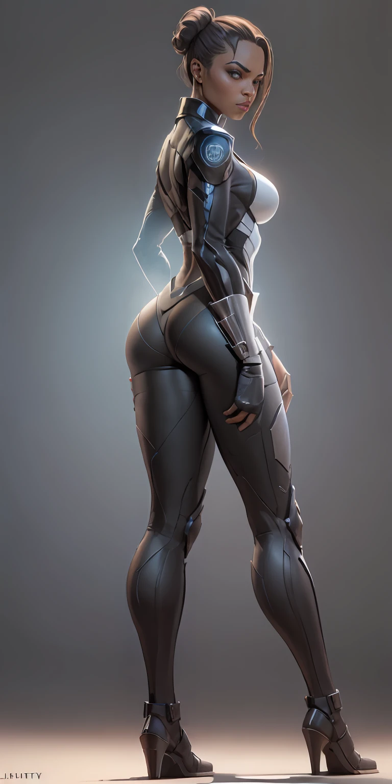 female Nick Fury from Marvel, big breasts, frontal, full-length, looking at the camera, facing the audience, standing pose, simple background, three-dimensional light, detailed full-body concept, sleek digital concept art, beautiful full-body concept art, art trend, CGsociety full-length,