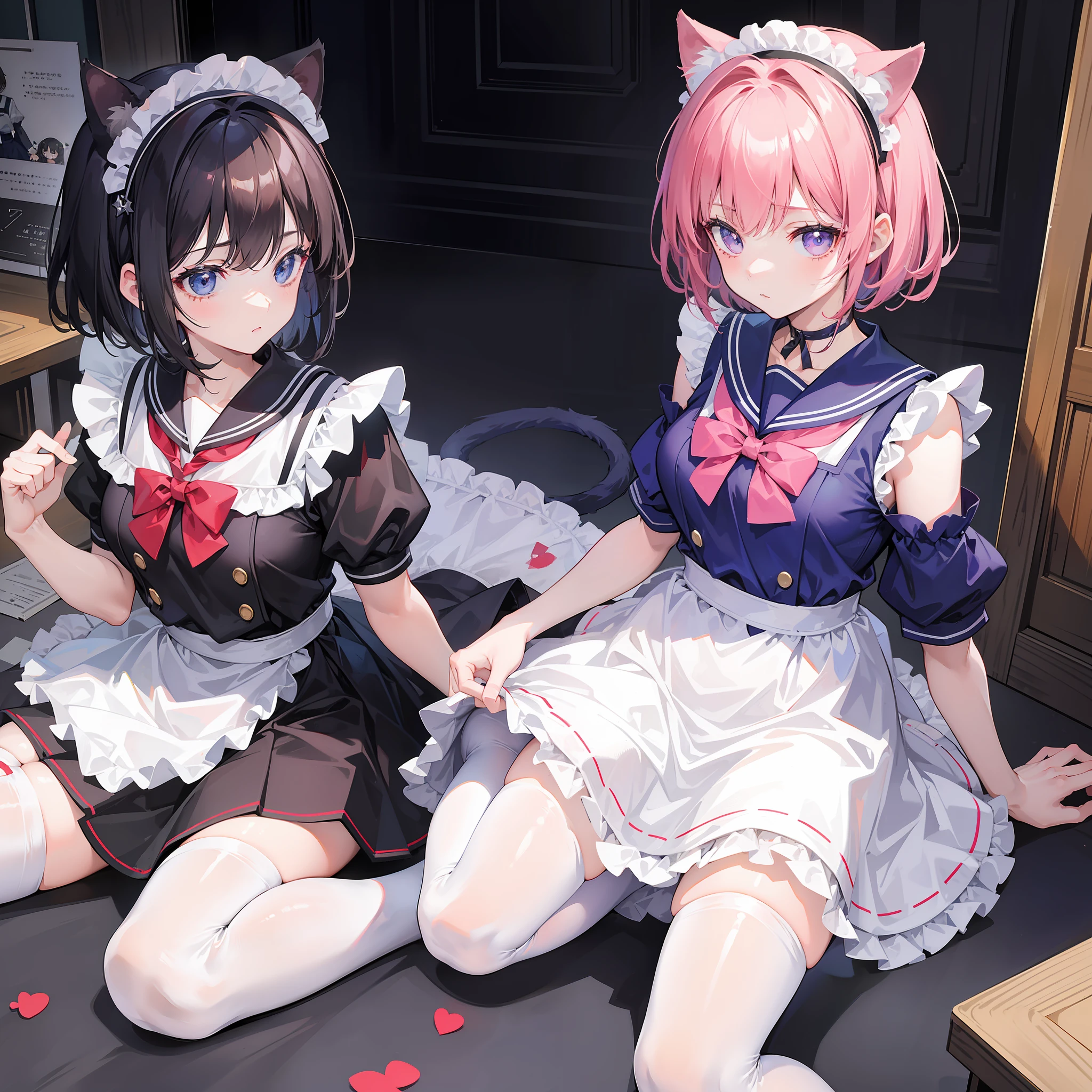 (Best quality),(Detailed), (2 girls),A girl wearing a JK uniform,Another girl wears a maid outfit,Girls in maid outfits have cat tails,Girls in maid outfits have cat ears on the top of their heads,The girl in the maid outfit has short hair,The girl in the sailor suit had long chest-length hair,The girl in the sailor suit presses on top of the girl in the maid suit,white thighhighs,Medium breasts