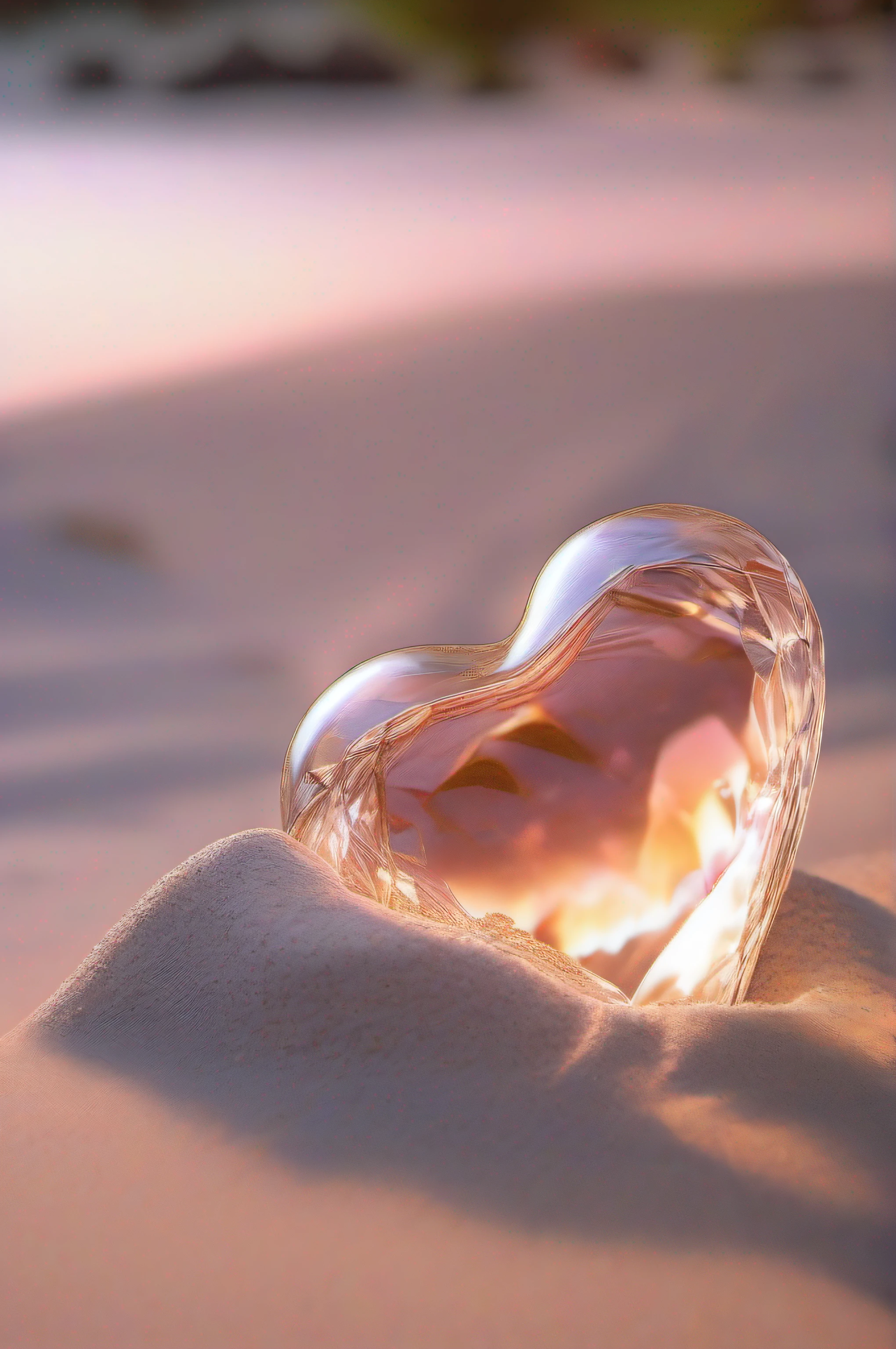 (8k wallpaper, .primitive, Photorealistic:1.25) ,( glossy side,, Best quality, Ultra-high resolution, Depth of field, color difference, Caustics, Special light) ,Iridescent color style,(dreamy and romantic compositions:1.5)，Bright style，Crystal clear stone，Stone in the shape of a heart，sandbeach，with light glowing，rays of sunshine,