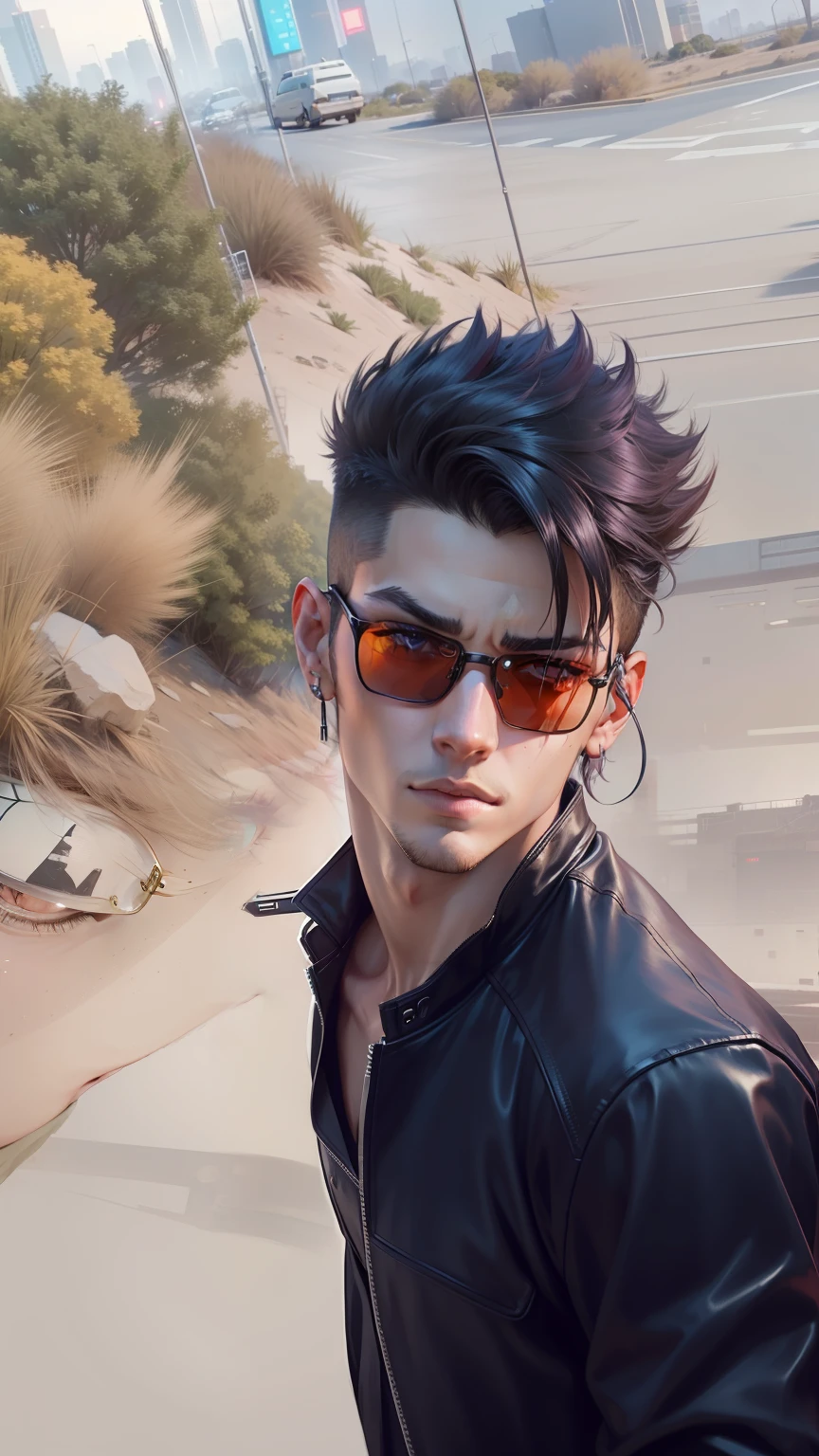 Change background to cyberpunk aesthetic, featuring a handsome boy with an ultra-realistic face. The boy should have a matching face same to same matchand wear sunglasses. The image should be in 8k resolution.