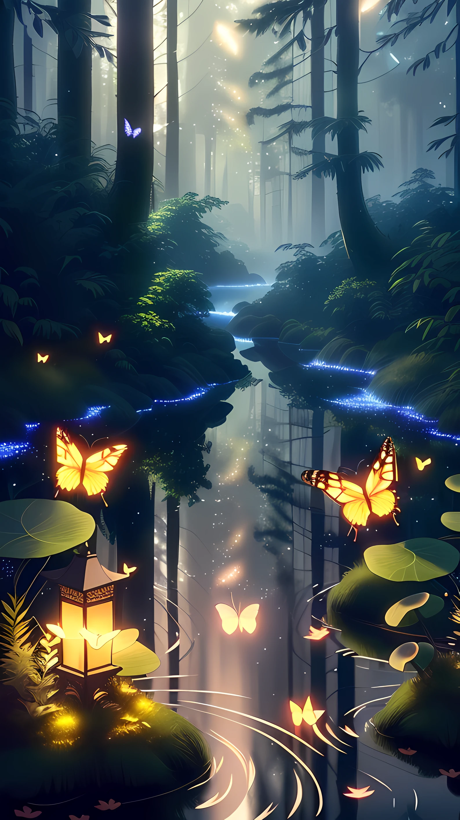 A masterpiece, the best quality, stunning reflections, the best reflections ever. (very detailed CG unity 8k wallpapers), (best quality), (best illustrations), (best shadows), forest theme with natural elements. Tall trees, quiet streams, small glowing mushrooms surrounded by delicate leaves and branches, with fireflies and glowing particle effects,, (natural elements), (jungle theme), (leaves), (twigs), (fireflies), butterflies, (delicate leaves), (glow), (particle effects). , Isometric 3D, Octane Rendering, Ray Traced, Super Detailed