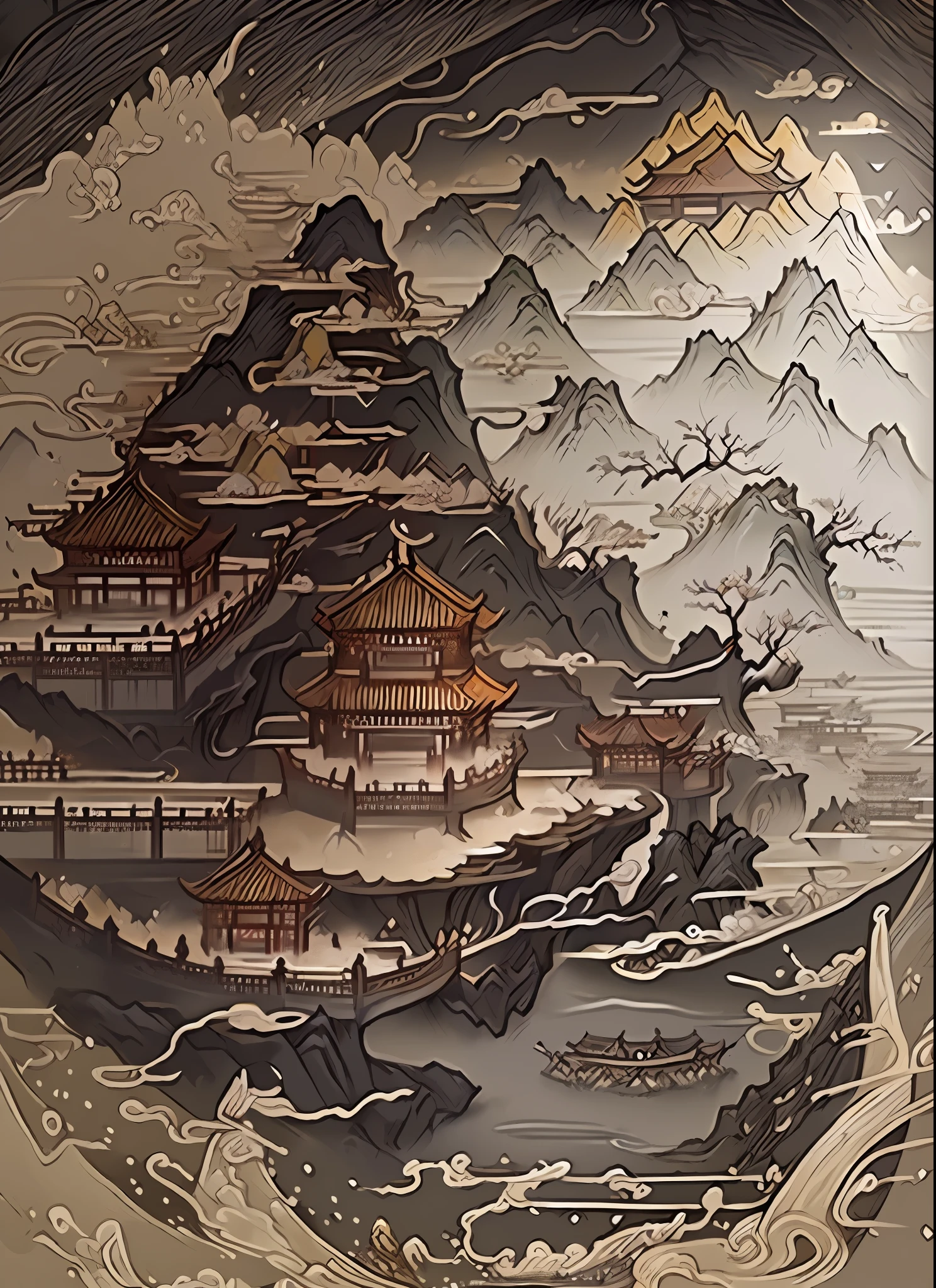 An ancient Chinese painting, ancient Chinese background, mountains, rivers, auspicious clouds, pavilions, sunshine, masterpieces, super detail, epic composition, ultra HD, high quality, extremely detailed, official art, unified 8k wallpaper, Super detail, 32k -- v 6