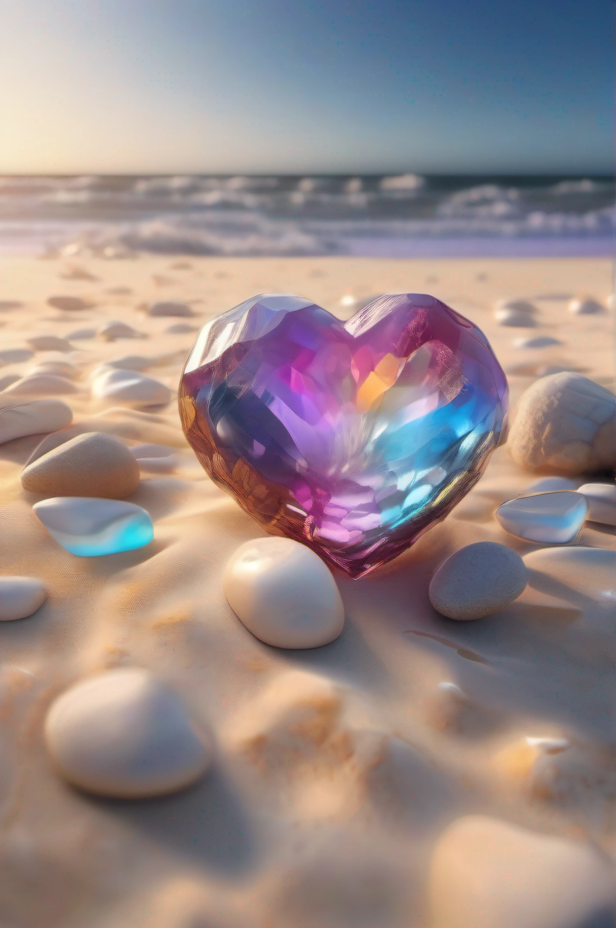 (8k wallpaper, .primitive, Photorealistic:1.25) ,( glossy side,, Best quality, Ultra-high resolution, Depth of field, color difference, Caustics, Special light) ,Iridescent color style,(dreamy and romantic compositions:1.5),Bright style,Crystal clear stone,Stone in the shape of a heart,sandbeach,with light glowing,rays of sunshine,