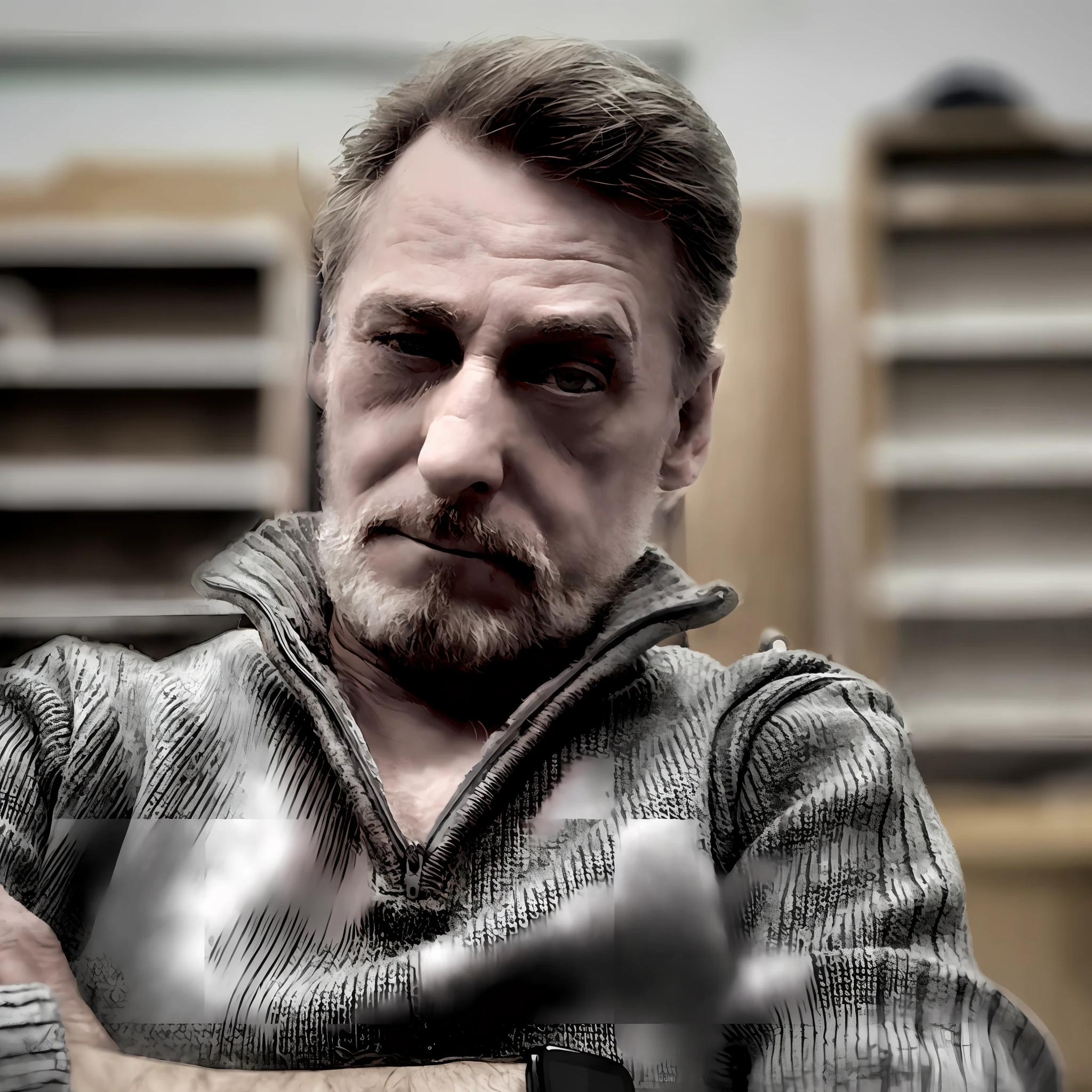 there is a man with a beard and a sweater sitting in a chair, liam neeson as burl gage, valeriy vegera, jakub kasper, mads mikkelsen, daniil kudriavtsev, maxim shirkov, oleg korolev, ivan aivakovsky, alexey gurylev, sad man