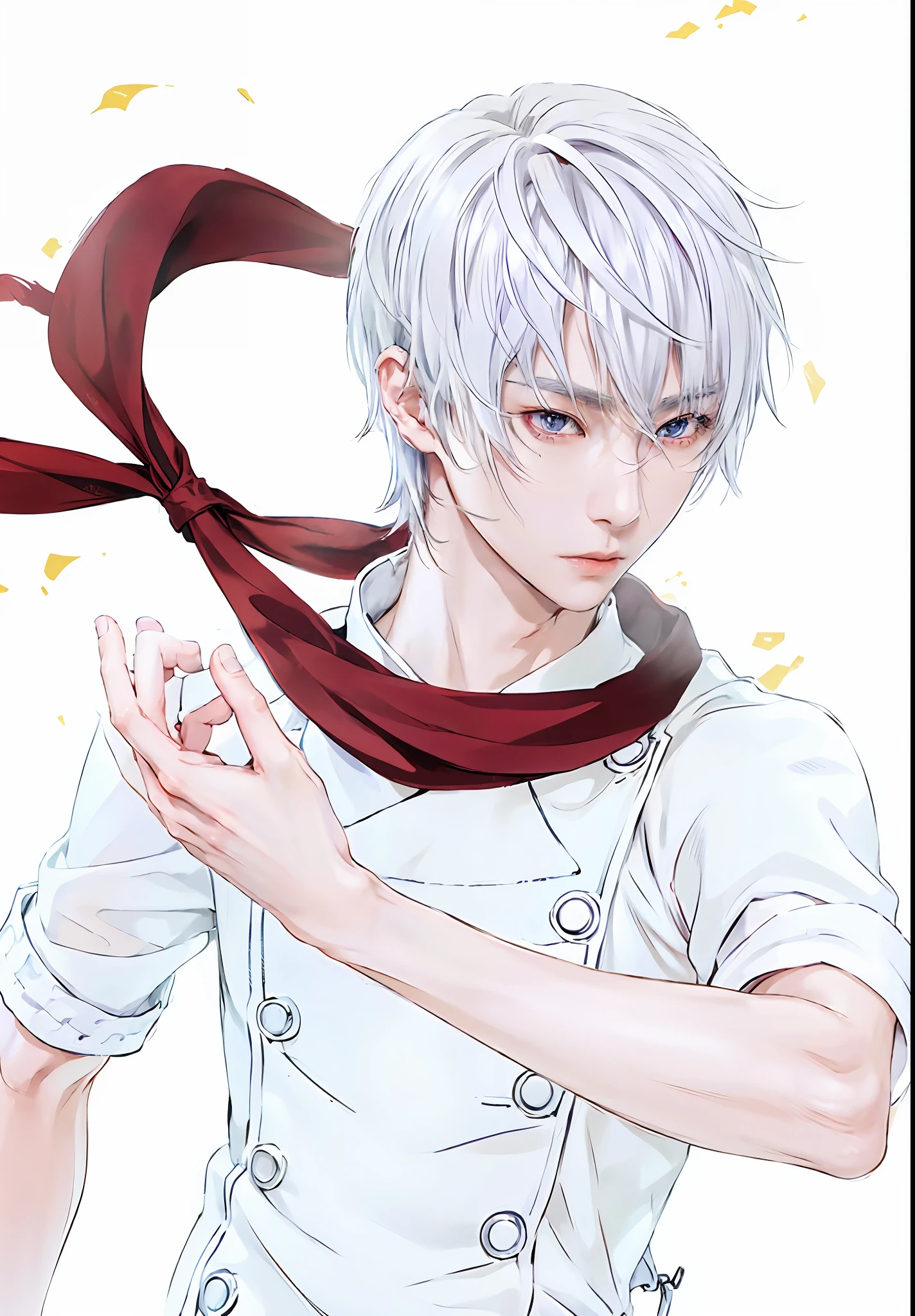 Takeshi Obata, a handsome 28 year old guy, bishounen, ikemen,1boy,white hair, semi realistic anime,masterpiece,white shirt,red tie,(((looking at something off-camera))),