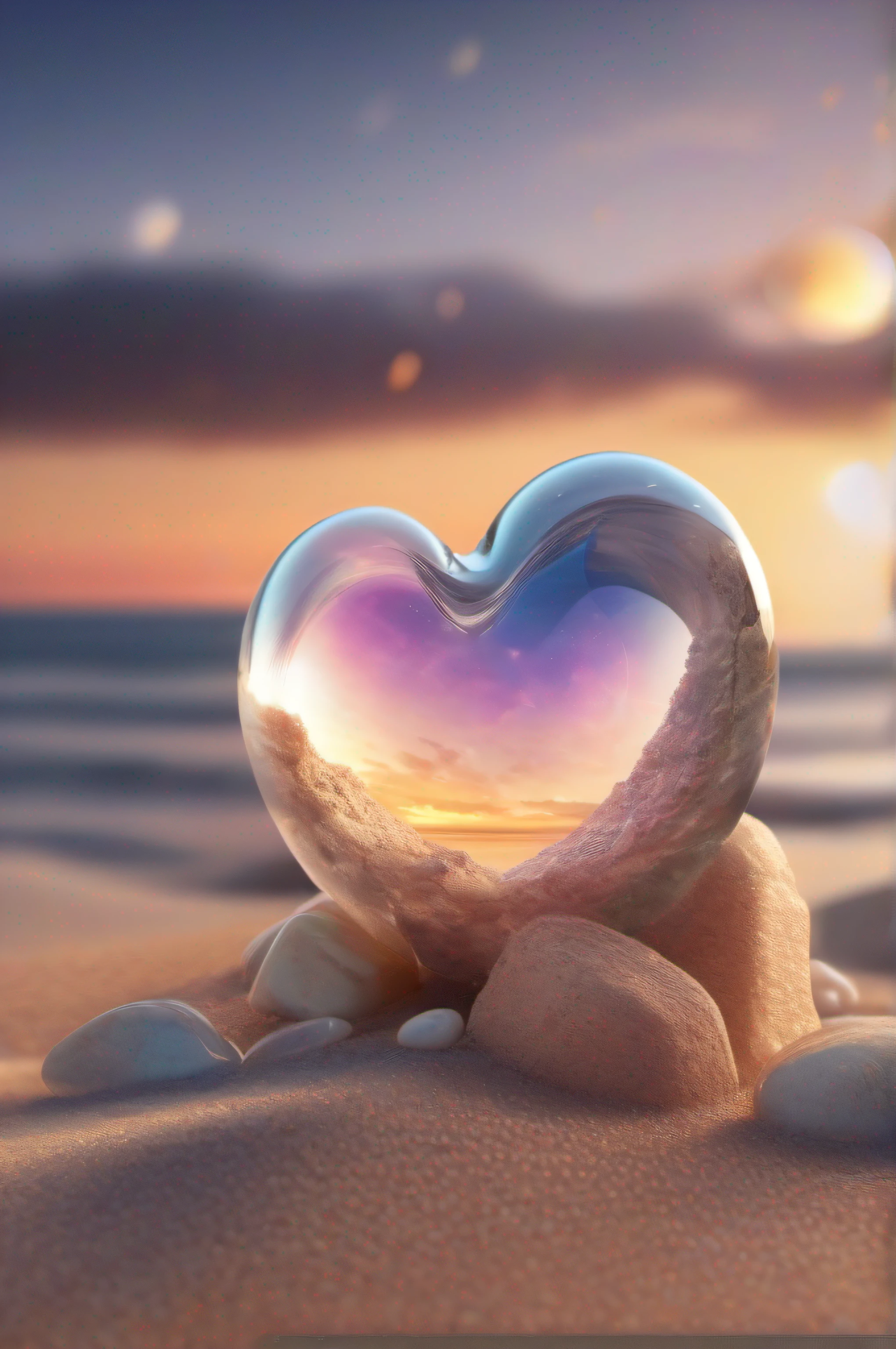 (8k wallpaper, .primitive, Photorealistic:1.25) ,( glossy side,, Best quality, Ultra-high resolution, Depth of field, color difference, Caustics, Special light) ,Iridescent color style,(dreamy and romantic compositions:1.5)，Bright style，Crystal clear stone，Stone in the shape of a heart，sandbeach，with light glowing，rays of sunshine,