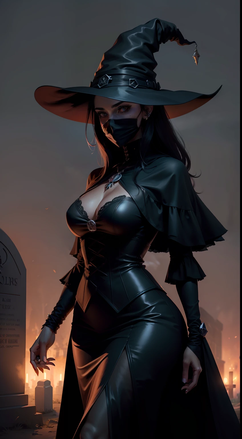 A woman has been walking at night in a cemetery full of open tombs and evil skeletons and on the distant horizon, She is mysterious and wears a witch's outfit hiding her face and body, ela segura um cajado que saem labaredas de fogo.