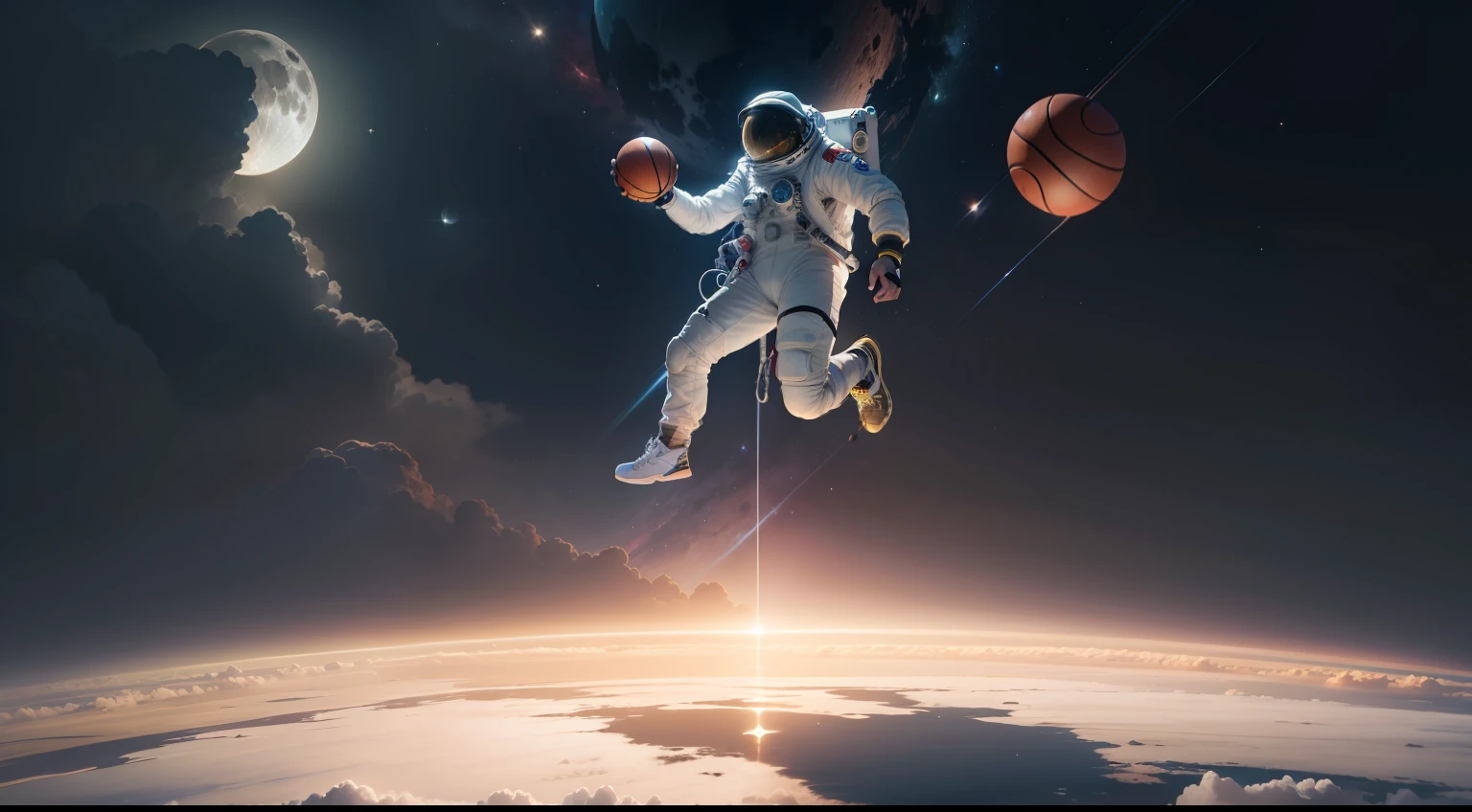 Em resposta ao seu pedido, I created a 3D illustration with the character "Astronauta" jogando basquete na lua, performing an epic Michael Jordan-style dunk! The astronaut shows off his sporting skills in the midst of reduced gravity, tornando a cena emocionante e divertida.

The scenery depicts the dark space, com o planeta Terra majestosamente ao centro, Framing the Moon and providing an impressive backdrop for the astronaut's sporting action.

Rendering is done in a smooth style, with soft lighting and realistic physical details. Colors are chosen to bring the scene to life, and the astronaut is depicted in his spacesuit, combining the wonder of space with the passion for basketball.