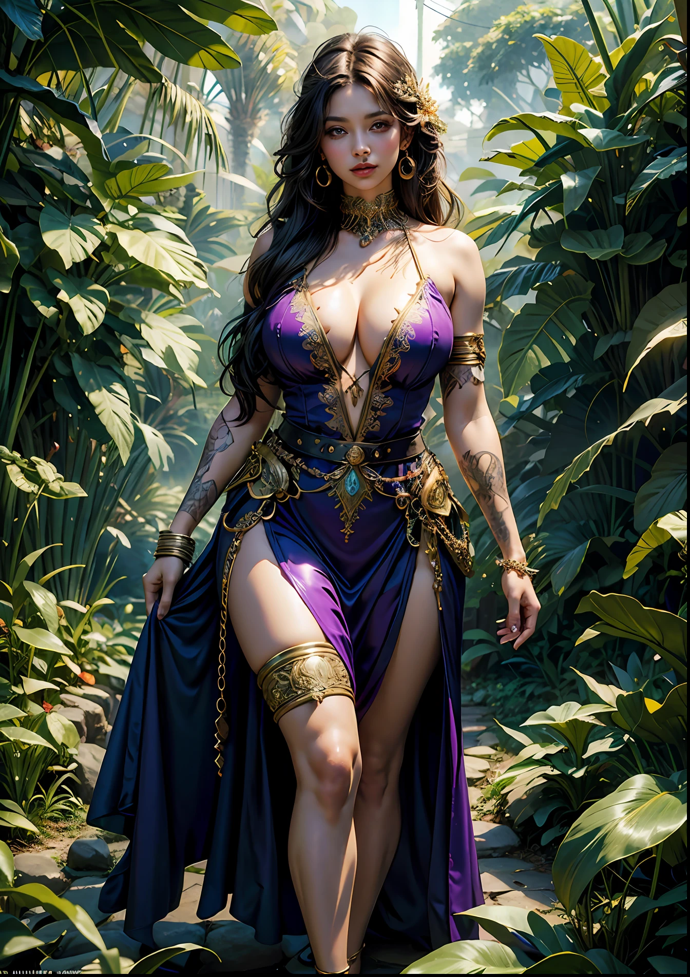 FSW, A young women, voluptuous breasts, curves body, with silky transparrent dress, belt, chain on the waist, in the jungle, (masterpiece, top quality, best quality, official art, beautiful and aesthetic:1.2), (1girl), extreme detailed,(fractal art:1.3),colorful,highest detailed