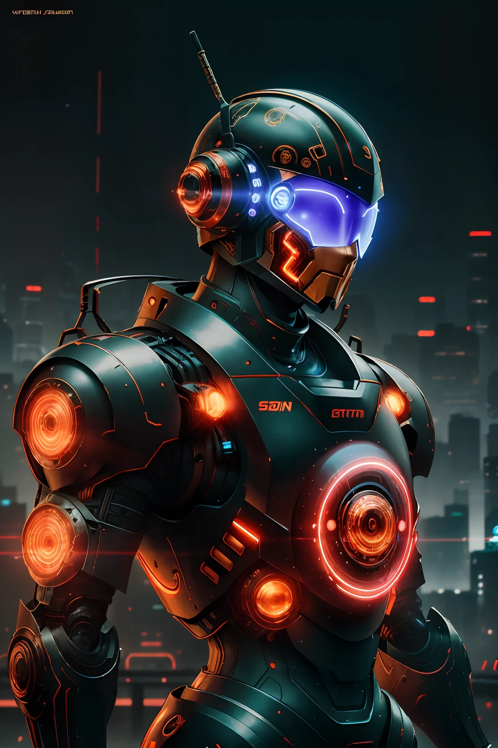 a close up of a mshn robot , futobot, cyborg , wearing cyberhelmet glowing circle , battle armor, mshn factory, tubes connected to neck, neon light
photorealistic, masterpiece, best quality, 35mm film, film grains, cyberpunk,EbonyGoldAI
