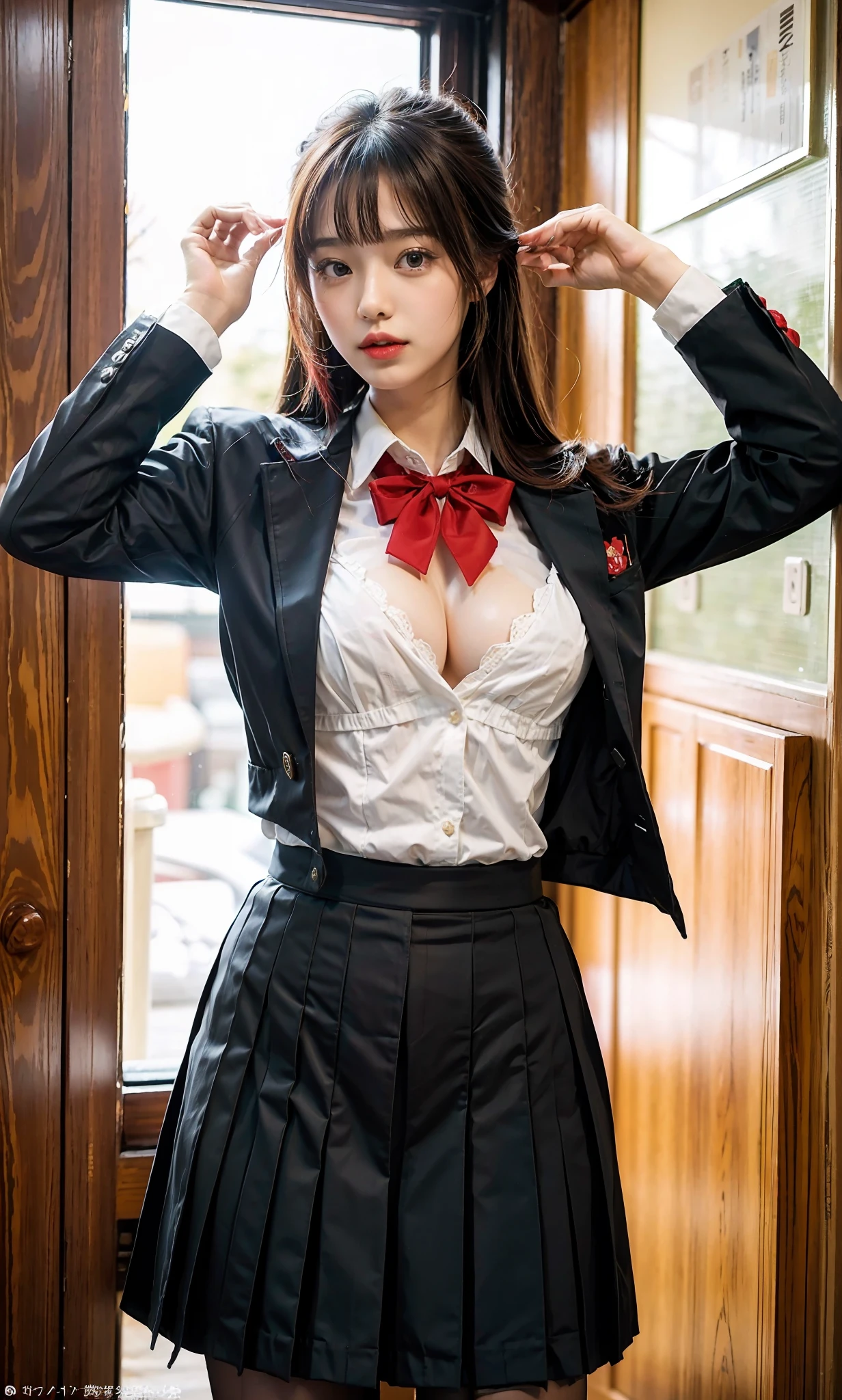 Japan uniform, girl in Japan uniform, high school student in Japan, white shirt, red ribbon