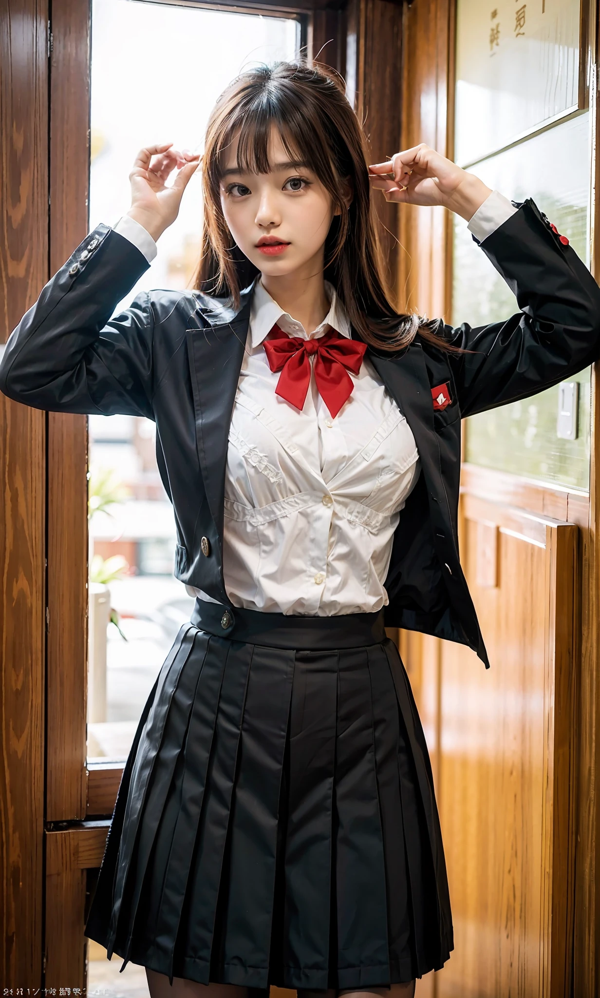 Japan uniform, girl in Japan uniform, high school student in Japan, white shirt, red ribbon