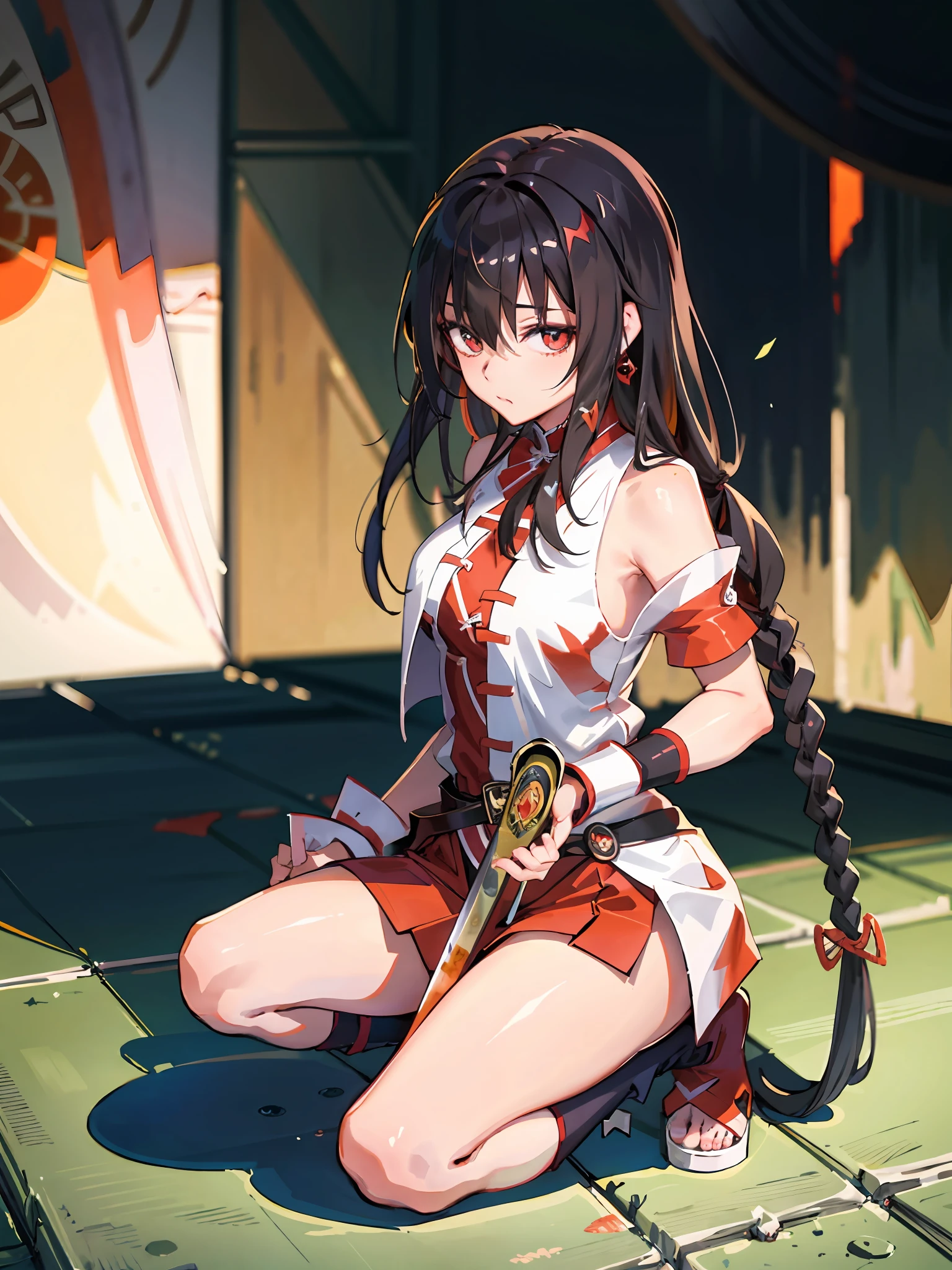 Long black hair, anime girl sitting on the floor with sword, a lot of blood on her body, Guwiz in pixiv art station, Guviz in art station pixiv, bad guy anime 8 K, clean detailed anime art, beautiful anime girl squatting down, she holds a Chinese fairy style ancient sword with a scabbard, ancient sword inserted in the ground