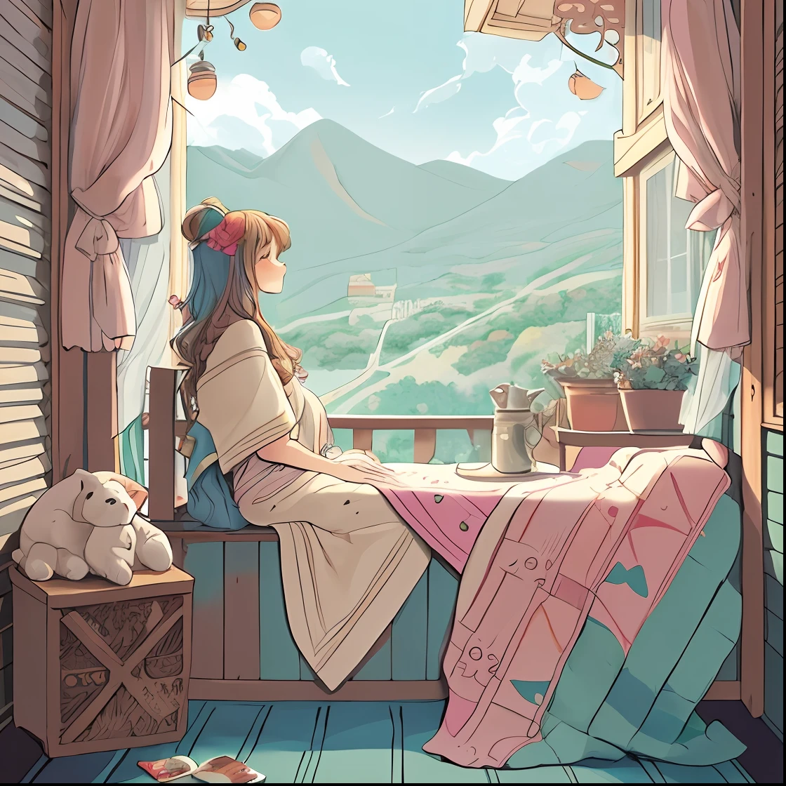 Cartoon about a sofa with pillows and a blanket on the porch, Color spread, full color illustration, pastel coloring, illustrated in whimsical style, Perfect coloring, colored illustration, Soft coloring, Relaxing concept art, Relaxing mood, Painted in, Clean coloring page, A relaxing environment, Dreamy and detailed, A cozy place, Cottagecore!!, ColorKey Scene