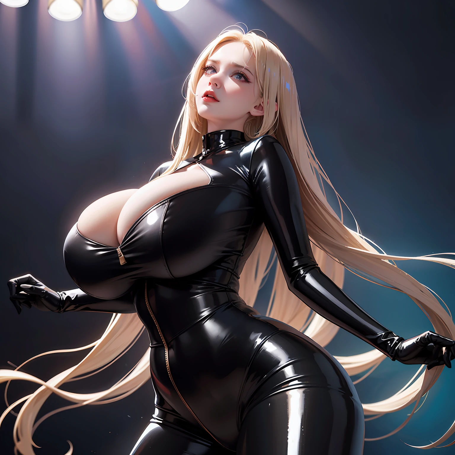 From below，Woman in transparent tight latex clothes，byself，Stand up，Hands were hoisted，（（gigantic cleavage breasts）），Huge stacked breasts，（Surreal breasts ）（（Extremely full breasts）），（（Super large）），Big breasts Thin waist，（（（Extremely large breasts））），worried expression，seductiv