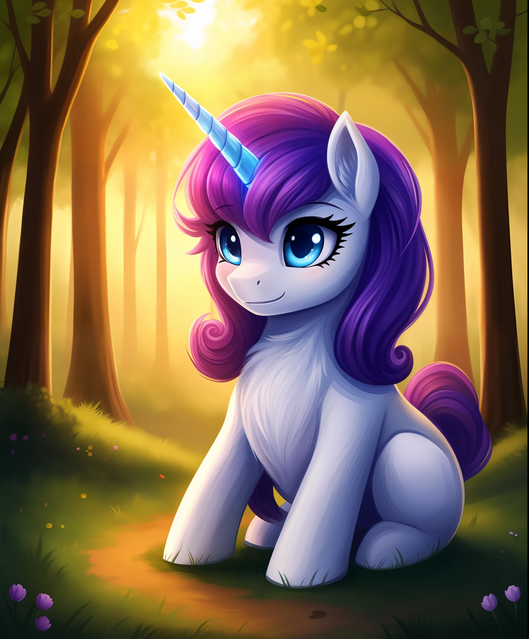 unicorn, pony, izzy moonbow, mark:1.1, solo, in the bridlewood, forest background, small petals on the ground, very beautiful, best quality, perfect anatomy, fluff, (body fur), masterpiece,  (digital painting, soft shading,, warm lighting), cute,