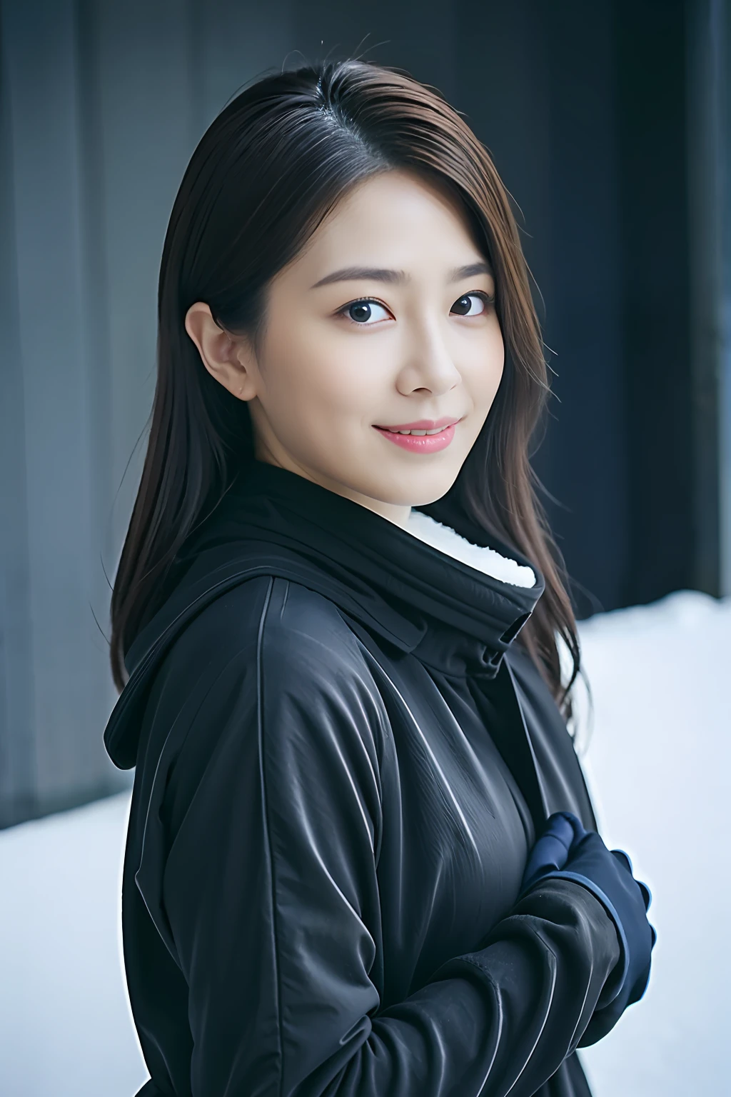 (top-quality、超A high resolution:1.2) (Glossy dark blue down coat:1.1) (winter snow:1.4) Photos of beautiful Japan women