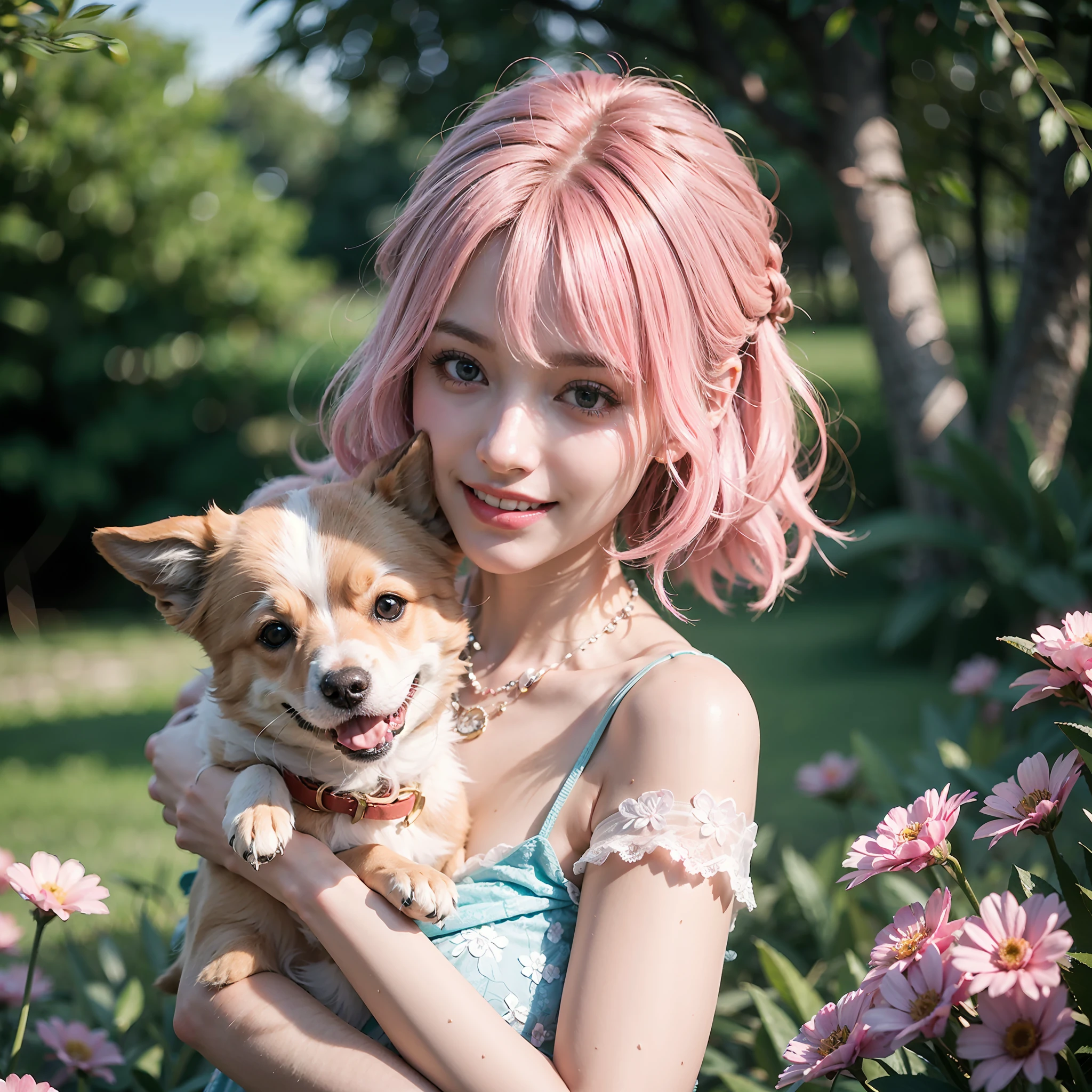 20 years old girl, perfect shape body, pink floral lace dress, bob head,|white and pink hair|, blue pupils, necklace, toothy smile, on grass in metropolitan park, holds corgi dog in arms, reality, masterpiece, super HD, ultra-realistic, original artwork, 8K, finedetail,