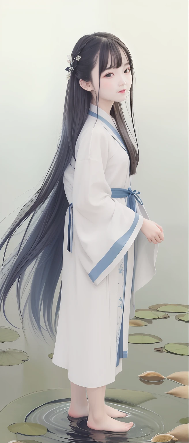 ((4k,masterpiece,best quality)), shuimobysim, traditional chinese ink painting, lotus, hanfu, maxiskit, dress conservatively 1girl, solo, long blue hair, smile, standing, feet in the water, barefoot,