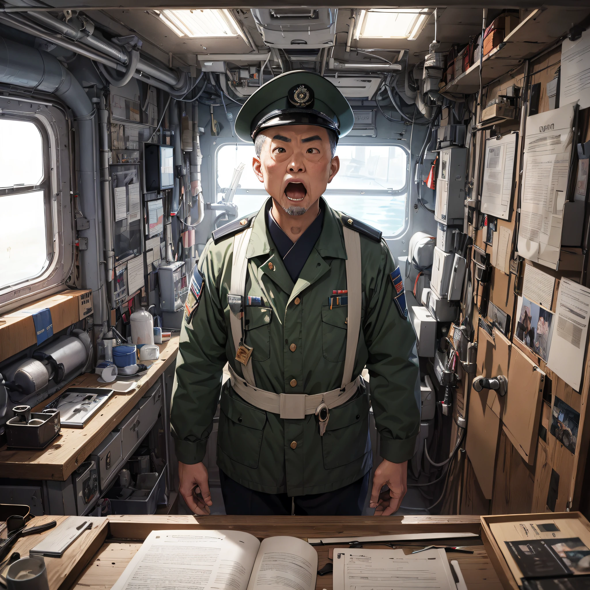 Ridiculous resolution,A high resolution,(tmasterpiece:1.4),Hyper-detailing,Inside the nuclear submarine,Japanese middle-aged male commander,A look of horror and shock,Open-mouthed