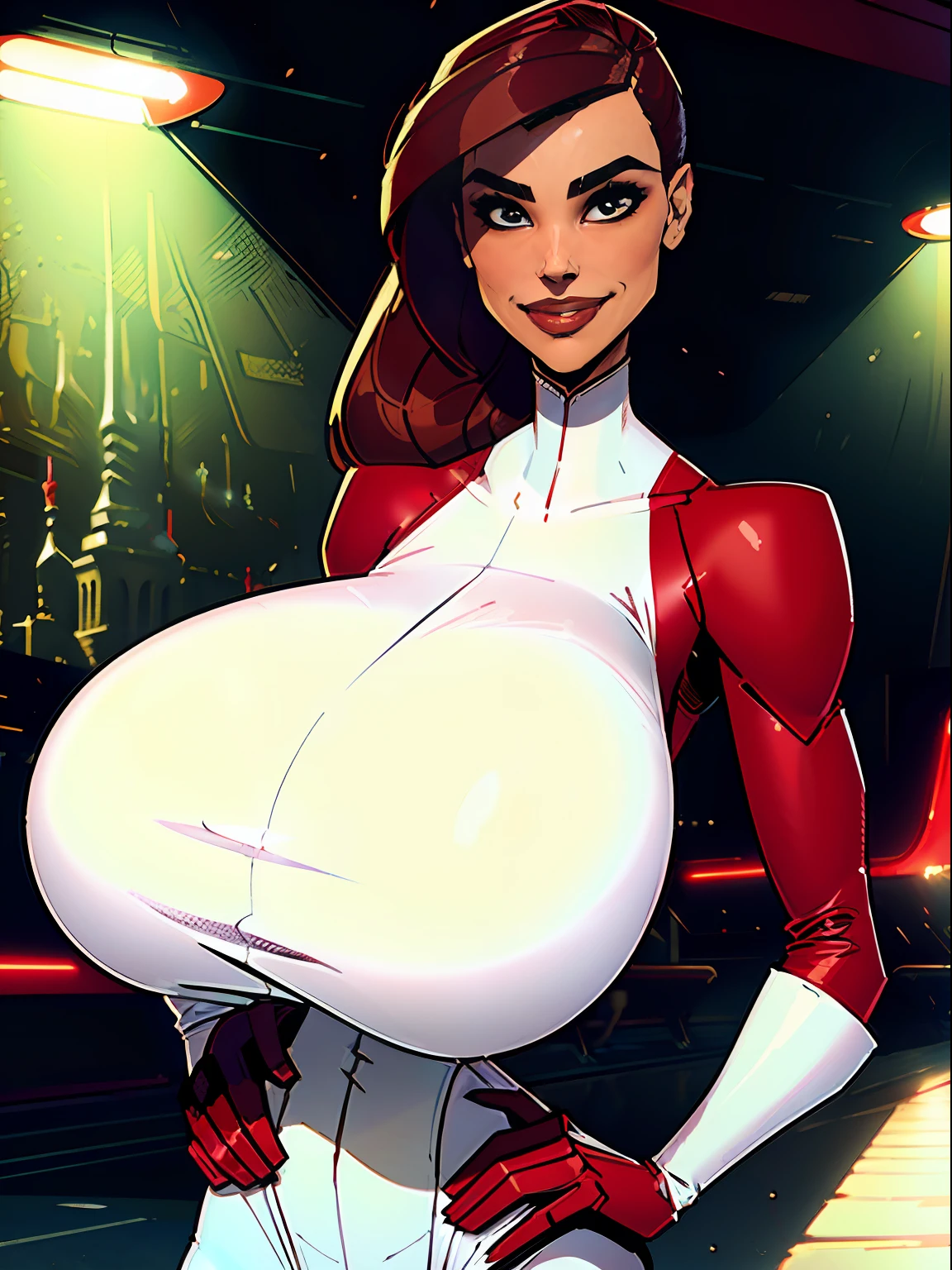 1girl, short busty petite brunette comic book woman, gorgeous face, masterpiece, beautiful, high quality, high definition, superb quality, highly detailed, insane detail, hands on hips, happy, smiling, sexy pose, hand on hip, long hair, huge ponytail, slim, thin, athletic, womanly, rubbery, elastic woman, ((modest red spandex with white panels on sides, red and white morph suit, tight top)), rubber body, brunette, (((gigantic breasts, gigantic boobs, massive tits, slim waist, overflowing breasts, too big for her top))), city, soft lighting, natural lighting, natural color, heroic, cheerful, (bold nose, hawkish facial features),