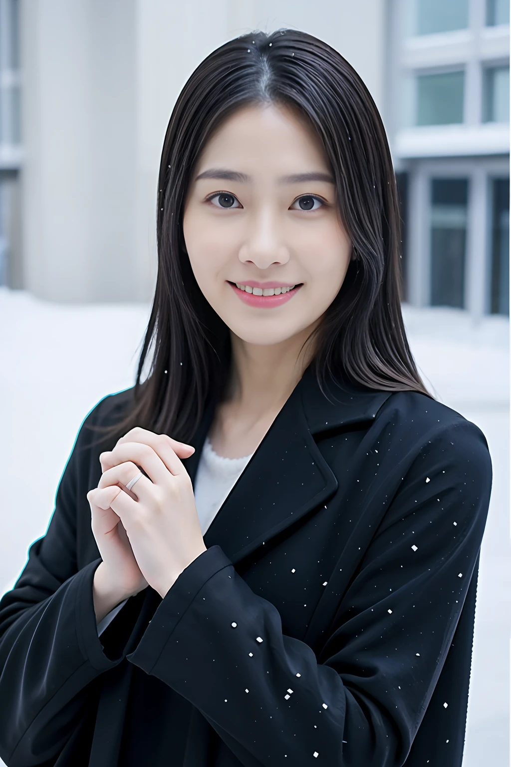 (top-quality、超A high resolution:1.2) (Glossy dark blue down coat:1.1) (winter snow:1.4) Photos of beautiful Japan women