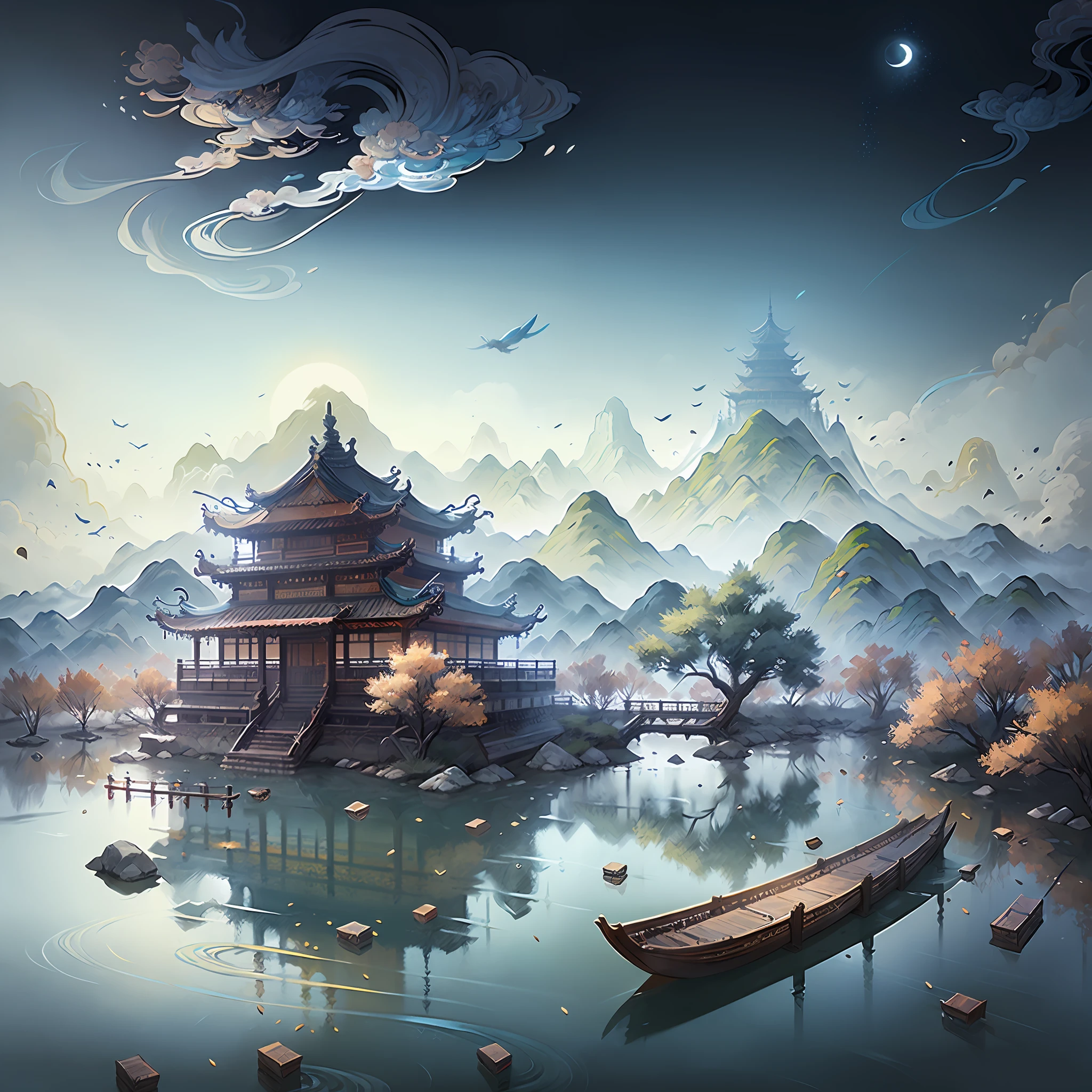 chinese wind mountains, river, auspicious clouds, pavilions, sunlight, masterpiece, super detail, epic composition, ultra hd, high quality, extremely detailed, official art, unified 8k wallpaper, super detail, 32k