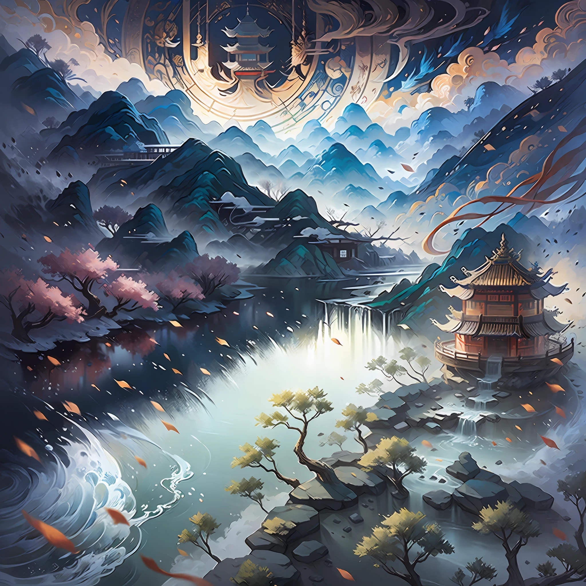 chinese wind mountains, river, auspicious clouds, pavilions, sunlight, masterpiece, super detail, epic composition, ultra hd, high quality, extremely detailed, official art, unified 8k wallpaper, super detail, 32k