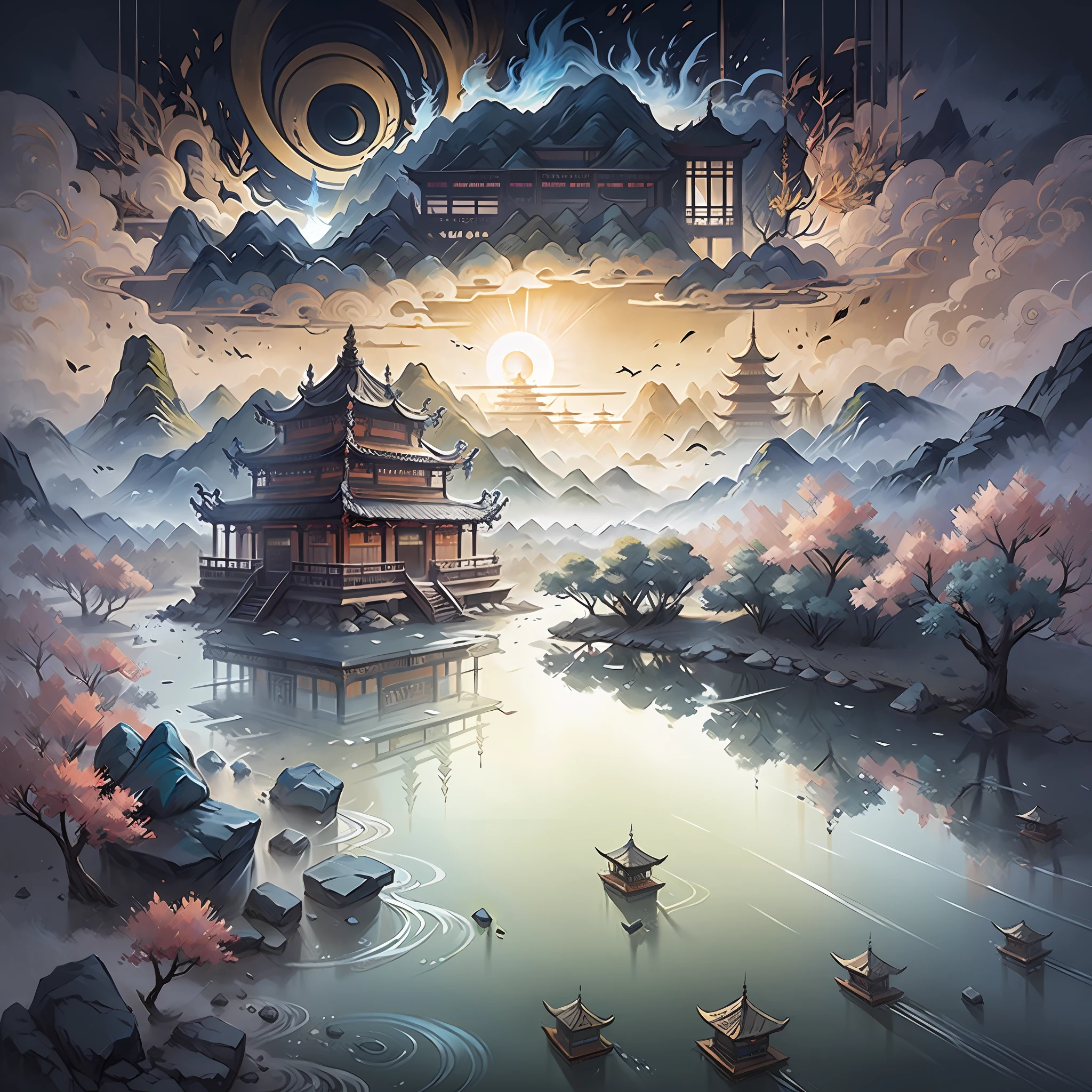 chinese wind mountains, river, auspicious clouds, pavilions, sunlight, masterpiece, super detail, epic composition, ultra hd, high quality, extremely detailed, official art, unified 8k wallpaper, super detail, 32k
