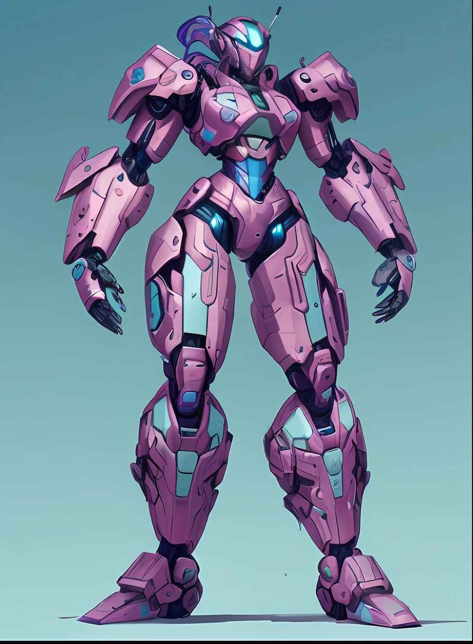 Close up portrait of robot with pink body and blue background, female mech, streamlined pink armor, Girl in Mecha Cyber Armor, painterly humanoid mecha, mechasuit, mech body, slick pink armor, mecha inspired, cyber mech, mechasuit, Alexandre Ferra Mecha, mecha-armored, beautiful robot character design