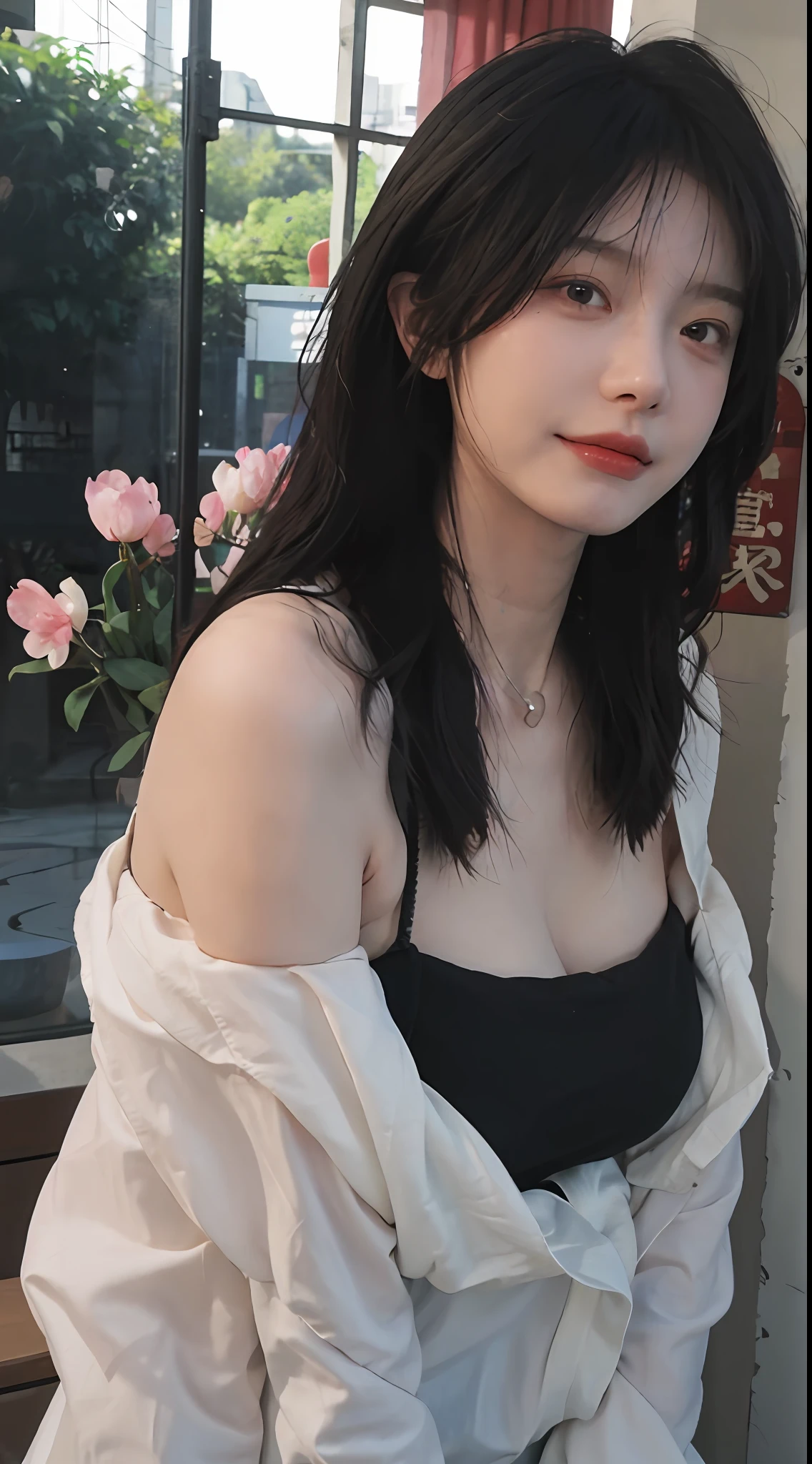 best qualtiy, 超高分辨率, (realisticlying:1.4),cute hairpin,Baoyu Girl,European style apartment, A pair of clear and moving peach blossom eyes,Royal Sister,sunshine on face,Big waves,(ln the forest:1.4),(choker necklace:1.2),(Fair skin:1.4),(full bodyesbian:1.2)a sense of atmosphere,a beauty girl, ssmile,head straight-looking at viewer, closeup cleavage ,(Photorealistic:1.4),1girll,Sexy,(Upper body:1.4),(Wet body),(:1.2)