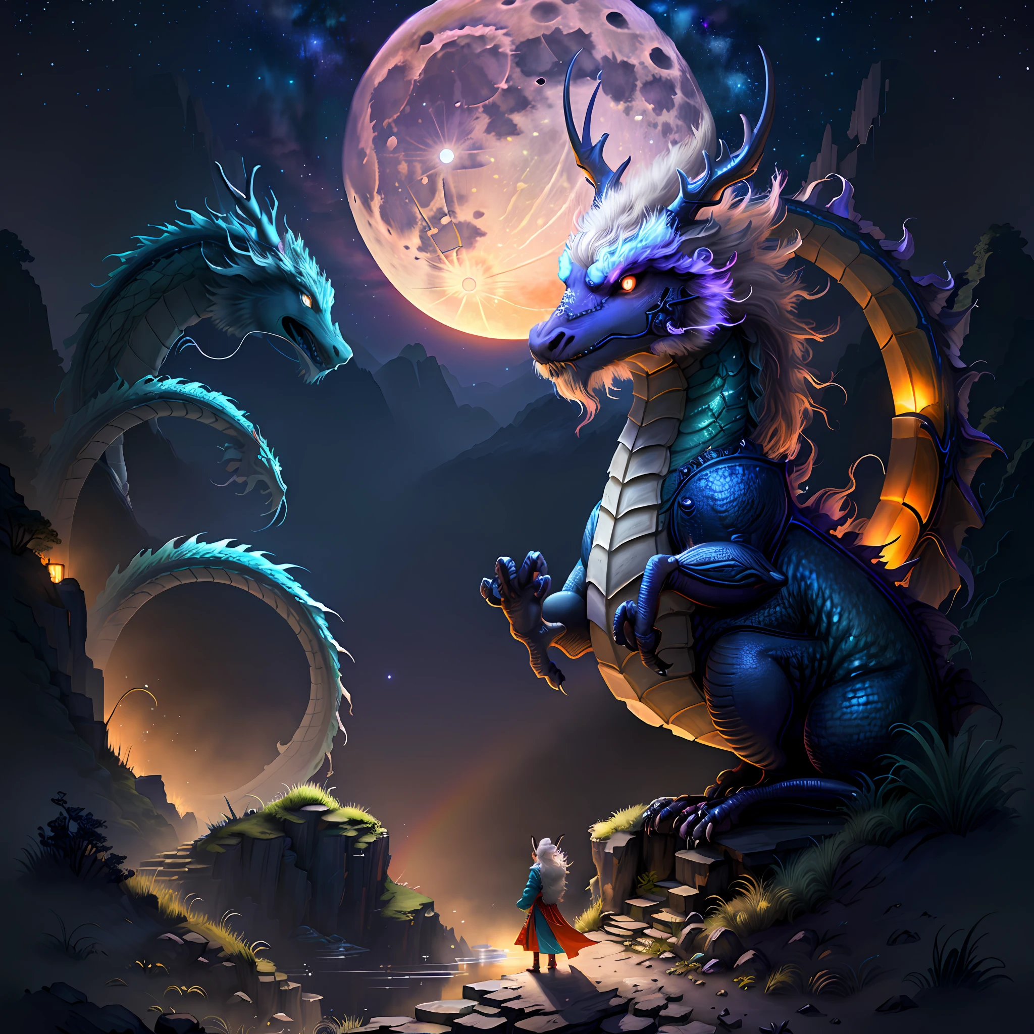 Vast landscape photos, (looking at the sky and the wilderness below), "A rabbit, magical, anthropomorphic, girl, angry expression, glowing eyes, Wanruo mask, Hanfu, background of ancient Chinese streets, night." Genshin Impact Impact, Best Quality, High Detail, High Quality, Ultra High Resolution, OC Rendering, 8K" Standing in a Flower Field and Looking Up, (Full Moon: 1.2), (Meteor: 0.9), (Nebula: 1.3), Far Away Mountains, Tree Breaking Making Art, (Warm Source: 1.2), (Firefly: 1.2), Lights, Purple and Orange, Intricate Details, Volumetric Lighting BREAK (Masterpiece: 1.2), (Highest Quality), 4K, Ultra Detailed, (Dynamic configuration: 1.4), Highly detailed and colorful details (rainbow color: 1.2), (Sparkling lighting, atmospheric lighting), Dreamy, magical, (Solo: 1.2), (Ying Dragon God), (Through the clouds), (Top of the mountains), (Complex), (Super Detail), (Starry Sky Background), (Stout Limbs), (Moon Night), (Ultra Clear), (Best Quality),