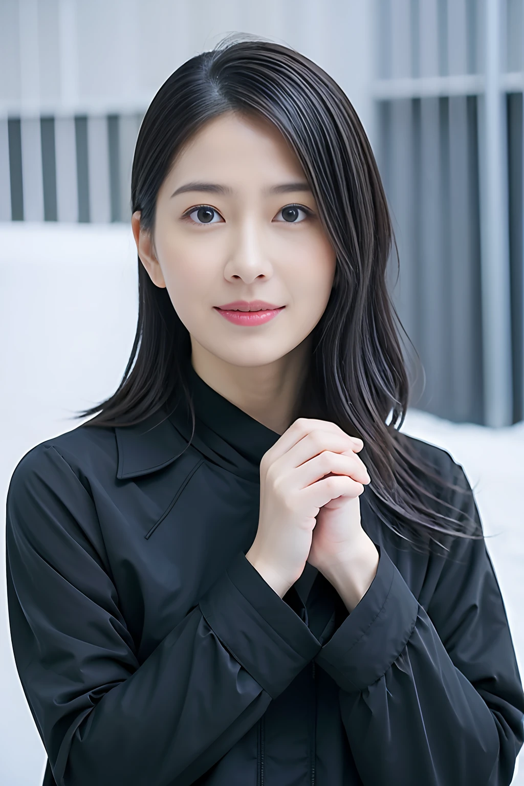(top-quality、超A high resolution:1.2) (Glossy dark blue nylon coat:1.1) (winter snow:1.4) Photos of beautiful Japan women