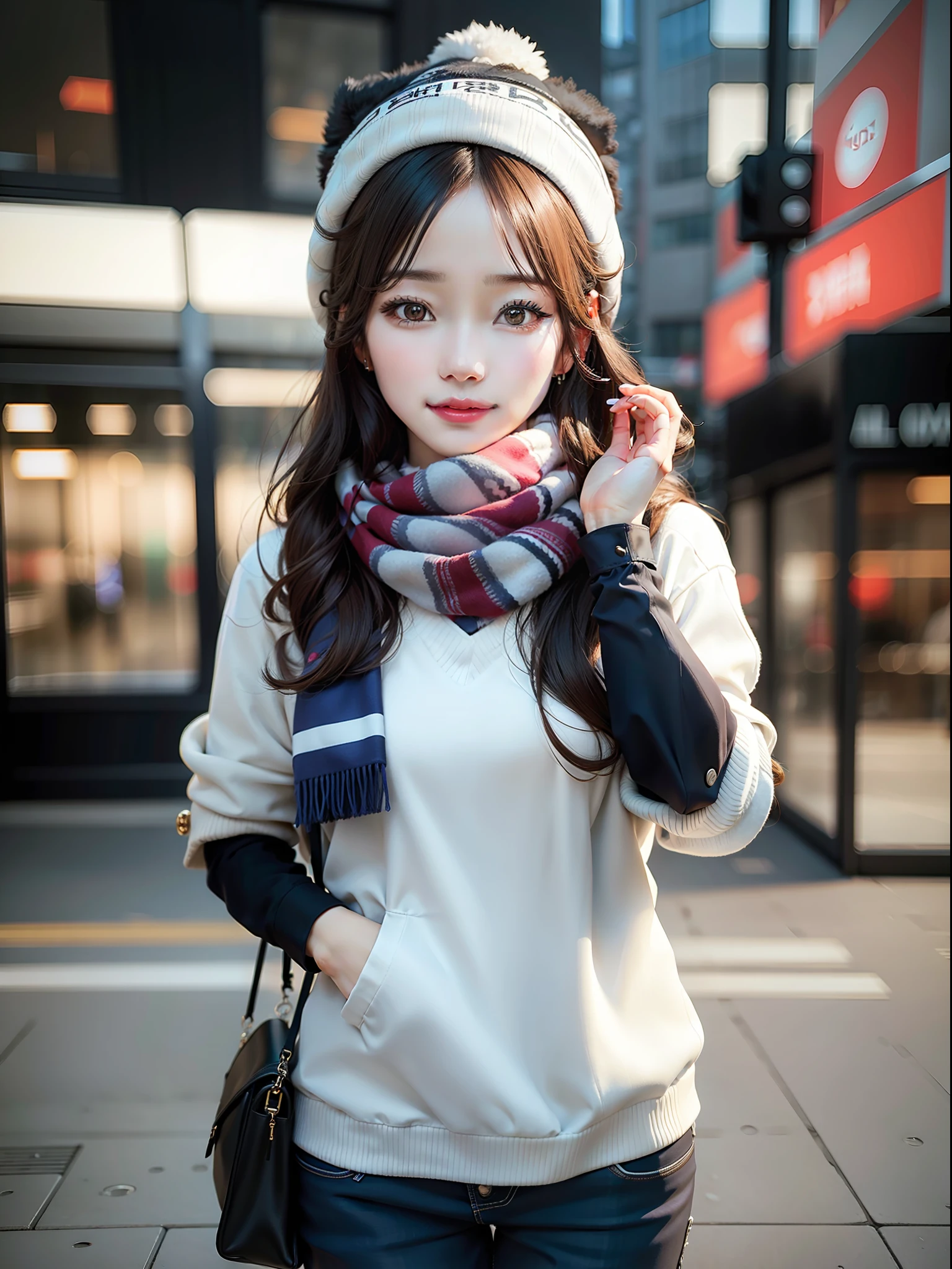 Picture of Korean beauty wearing hat and scarf，Wear sexy clothes，Ultra-realistic detailed rendering，Urban style，Reverie pose，fashionable attire， 8 1 5