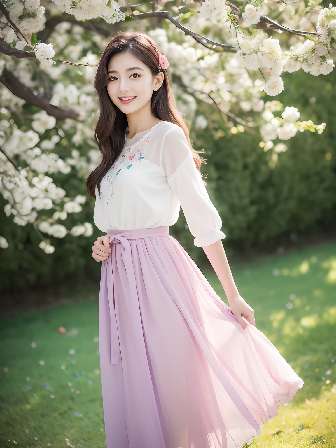 (best qualtiy,8K,32K,tmasterpiece,,realisticlying,The is very detailed, hyper HD:1.2), Under the peach blossom tree,A young and beautiful beauty stood there,Feet on the green lawn,There are fallen petals on the lawn,She is tall,The slender figure exudes confidence and elegance, Delicate fair skin like snow,Long hair fluttering gently in the breeze,The eyes are deep brown,Bright and divine,There was a hint of clarity and affection in her eyes,Slender eyebrows,Ruddy lips,Hefty Smile, Wearing a long purple dress,The skirt dances in the wind,The skirt is embroidered with delicate flowers,She wore a delicate ribbon around her waist,A green garland is worn on his head,The garlands are dotted with small pale pink flowers and green leaves