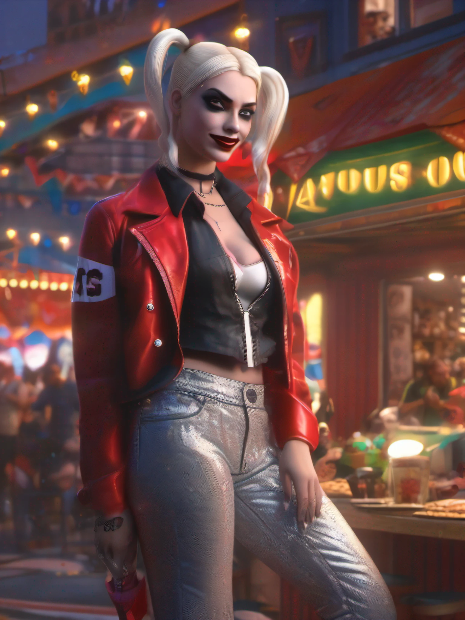 Harley Quinn from DC, melting clothes, big breasts, frontal, full-length, looking at the camera, facing the audience, standing pose, carnival background, three-dimensional light, detailed full-body concept, sleek digital concept art, beautiful full-body concept art, art trend, CGsociety full-length,