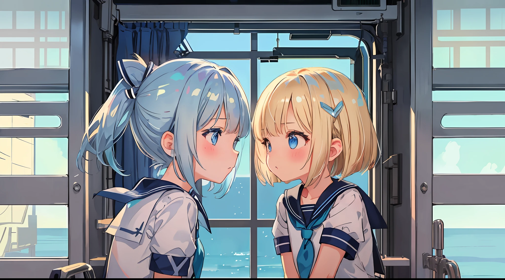 2girl, blonde hair, bob cut, blue eyes, sailor suit, cute, kawaii, 2girl, short stature, short girl, silver hair, short hair, asymmetrical bangs, blue eyes, sailor suit, cute, kawaii, (two girls are looking at each other, eye contact, face-to-face, blush), blue cyber punk, room with big windows, blue fluorescent light