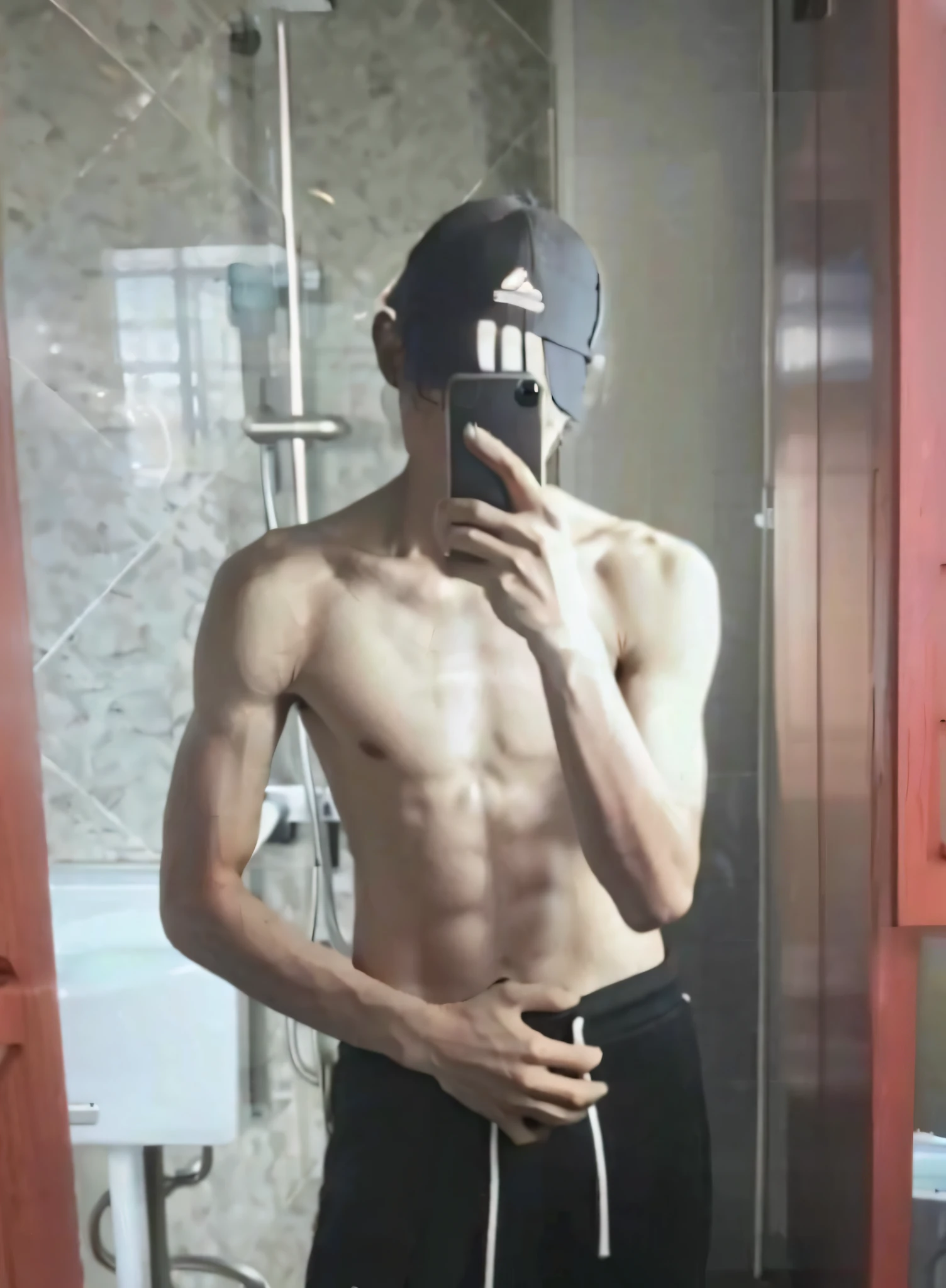 there is a man taking a selfie in a bathroom mirror, full extremely slim body, 2 , 2 3 years old old, 2 8 yearsears old, 21 ye9 years old, sluscular build, fit pic, koreay 2 1 years old, Lean but muscular