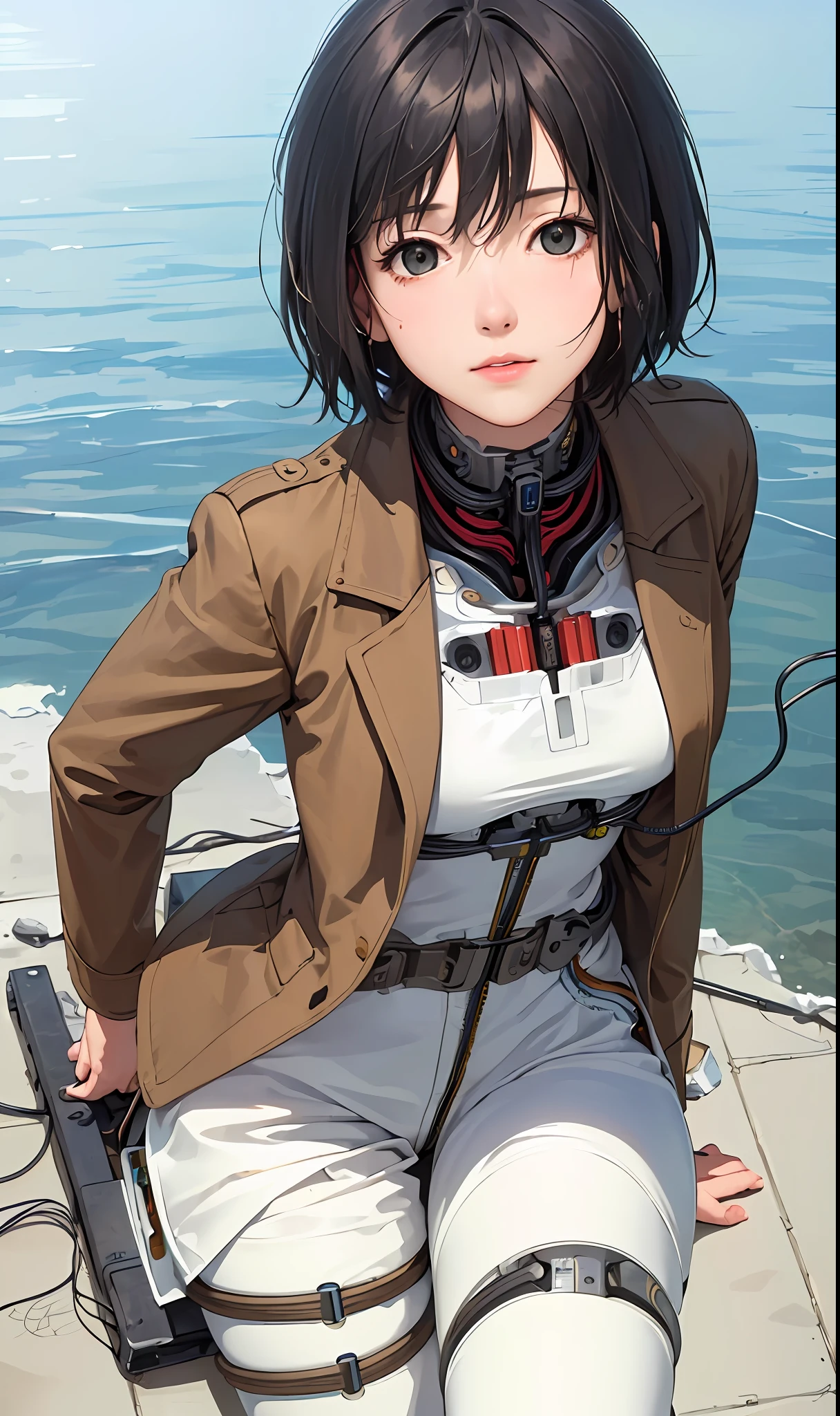 (((masterpiece))), (((best quality))), ((ultra-detailed)), (highly detailed CG illustration), ((an extremely delicate and beautiful)),(cute delicate face),cinematic light,((1mechanical girl)),solo,full body,(machine made joints:1.4),((machanical limbs)),(explosed muscles),(blood vessels connected to tubes),(a brain in container:1.3),((mechanical vertebra attaching to back)),((mechanical cervial attaching to neck)),((sitting)),expressionless,(wires and cables attaching to head and body:1.5),small breasts,short hair,(character focus),science fiction