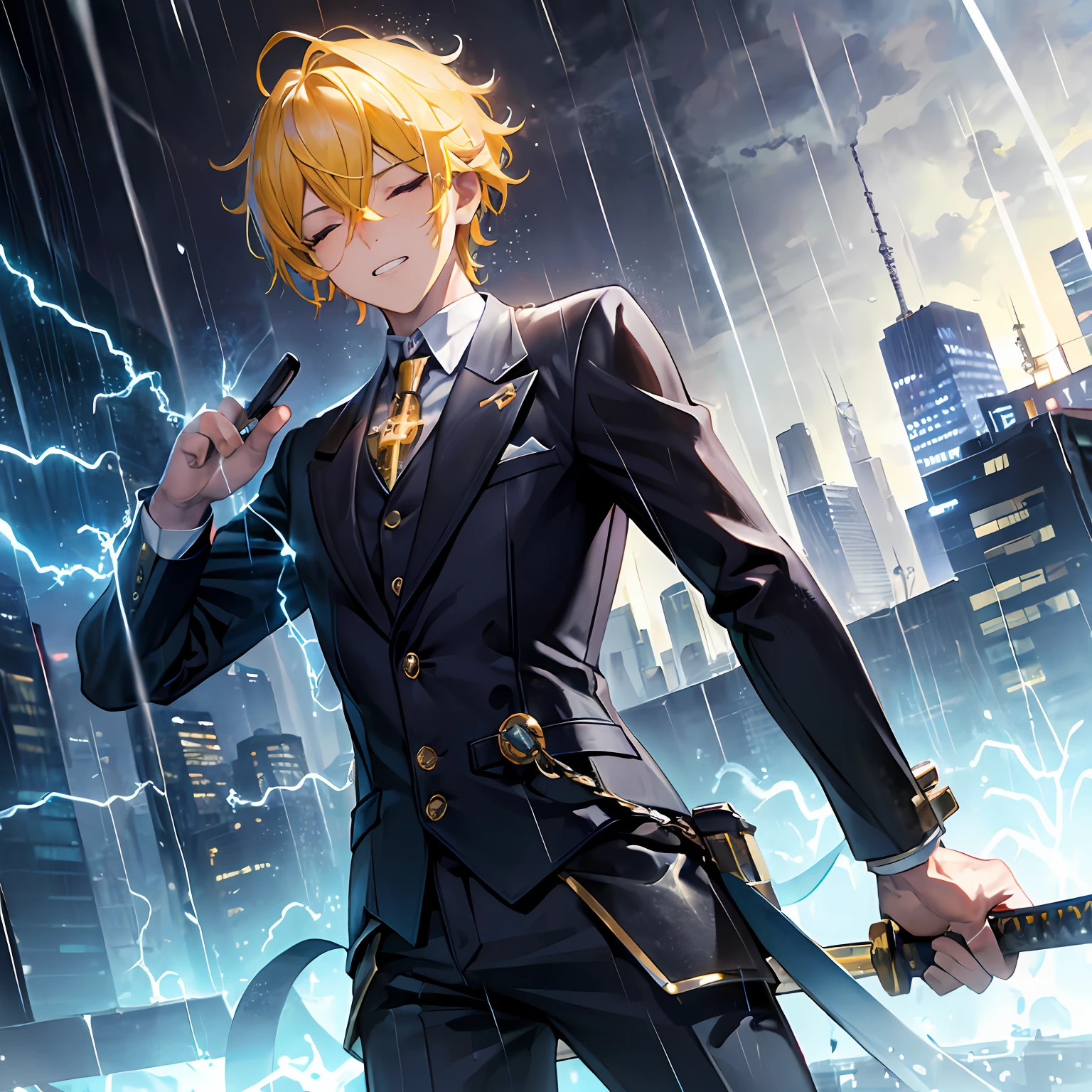 (((master piece))),((best quality)),((((city)))),detailed,1boy,solo,victorious pose, yellow hair,suit,pants,clenched teeth,closed eyes,(rain),(((electricity))),katana,holding sword,ultra detailed face