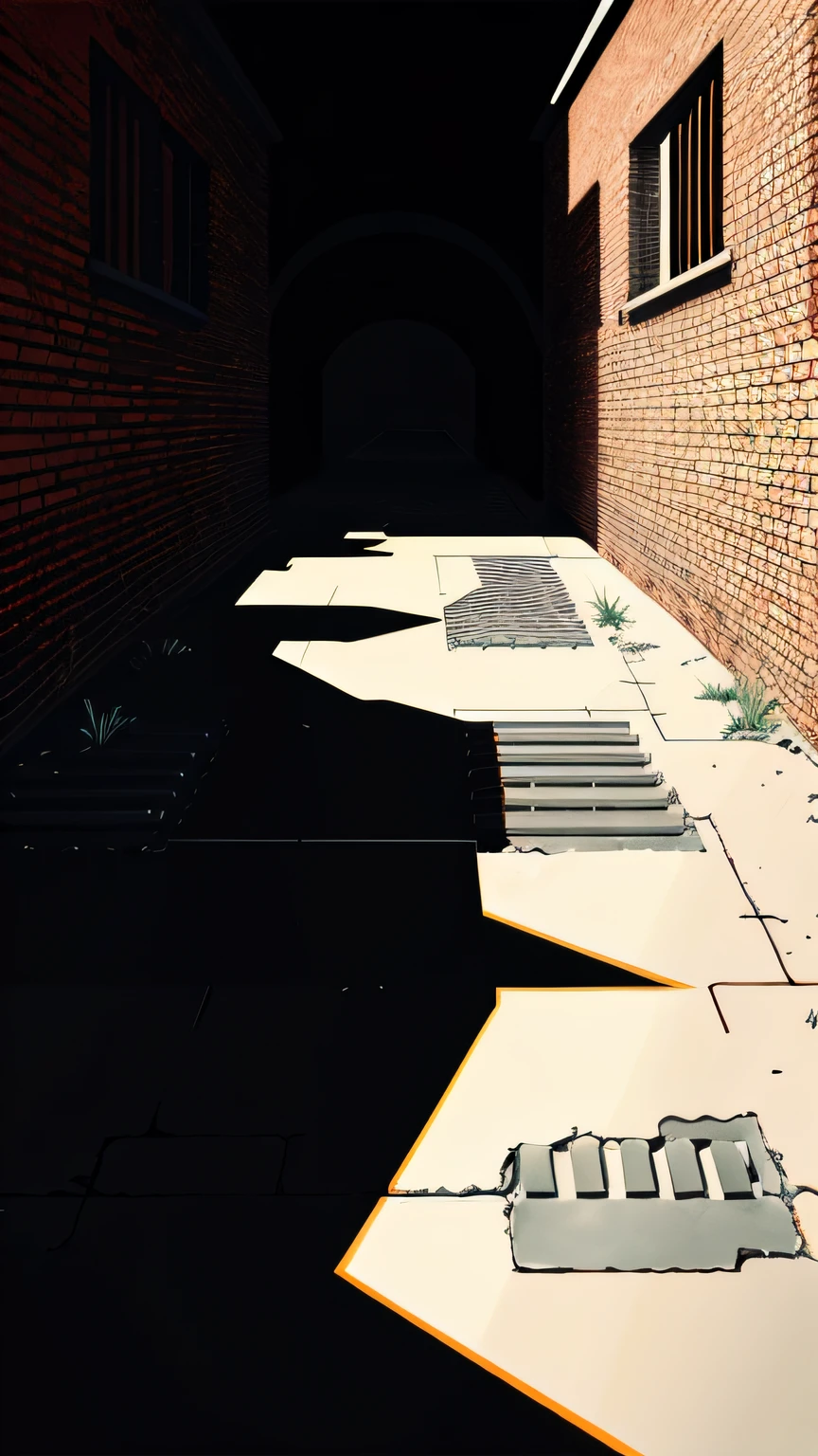 brick walls, center straight composition, vanishing point perspective, inspired by Ryoji Ikeda, point perspective, one-point perspective, one-point perspective, 1-point perspective, Deep lines and shadows, multi-point perspective, deep 3 point perspective, Ink follows movement, hand-drawn animation, one-point perspective