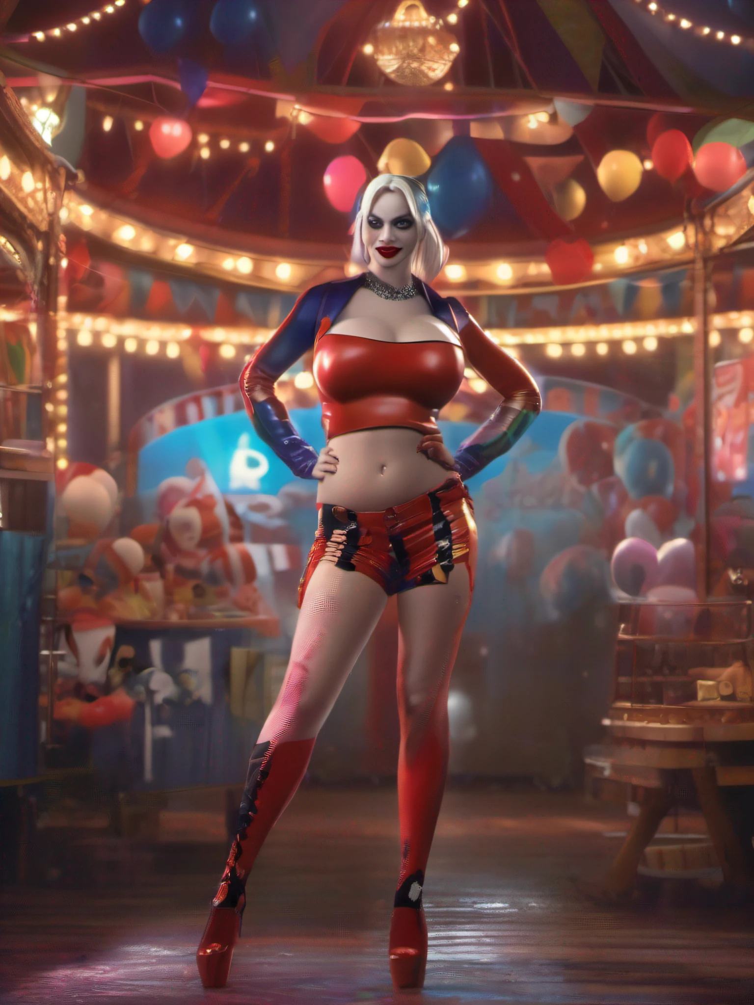 Harley Quinn from DC, melting clothes, big breasts, frontal, full-length, looking at the camera, facing the audience, standing pose, carnival background, three-dimensional light, detailed full-body concept, sleek digital concept art, beautiful full-body concept art, art trend, CGsociety full-length,