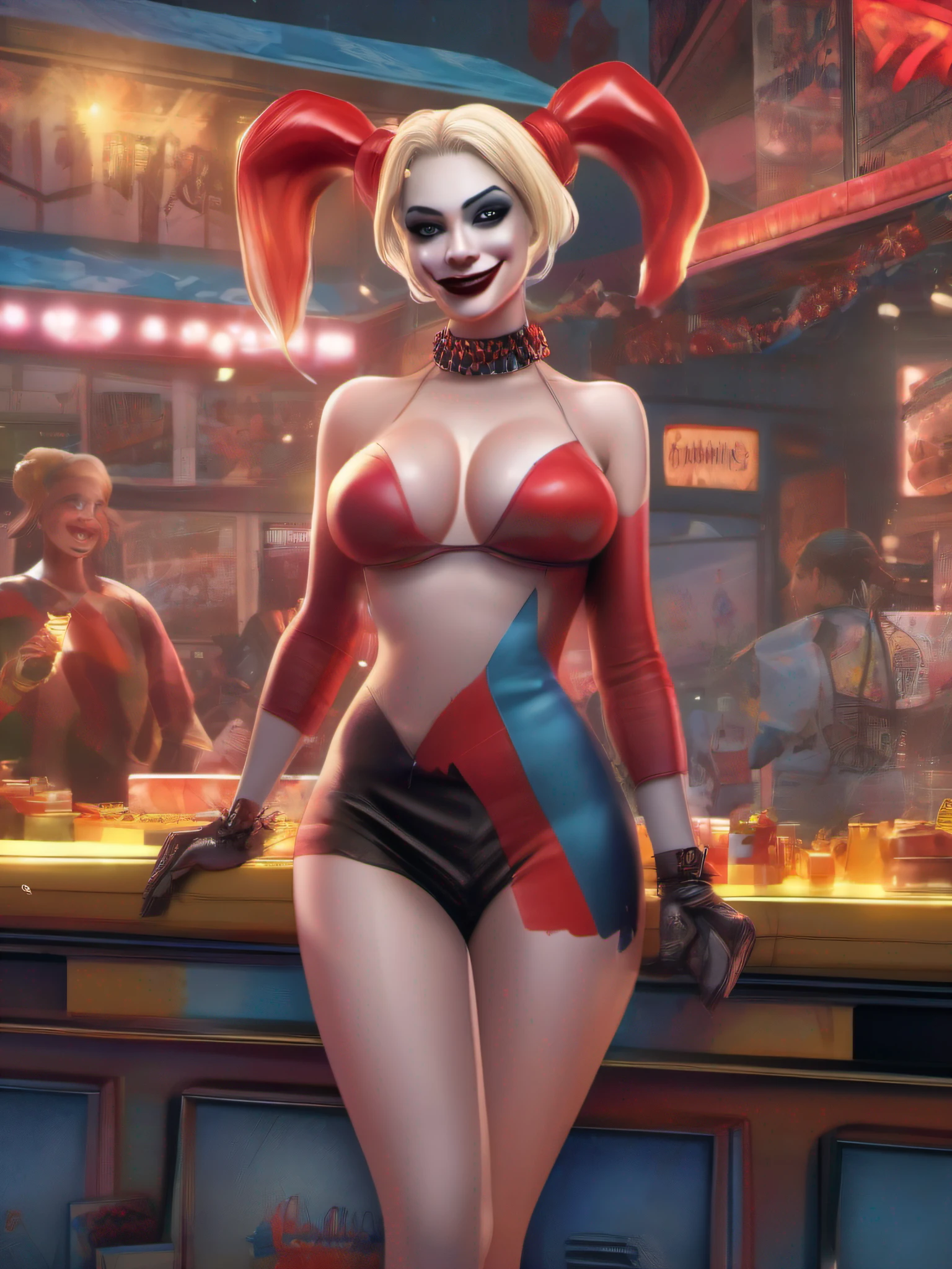 Harley Quinn from DC, melting clothes, big breasts, frontal, full-length, looking at the camera, facing the audience, standing pose, carnival background, three-dimensional light, detailed full-body concept, sleek digital concept art, beautiful full-body concept art, art trend, CGsociety full-length,