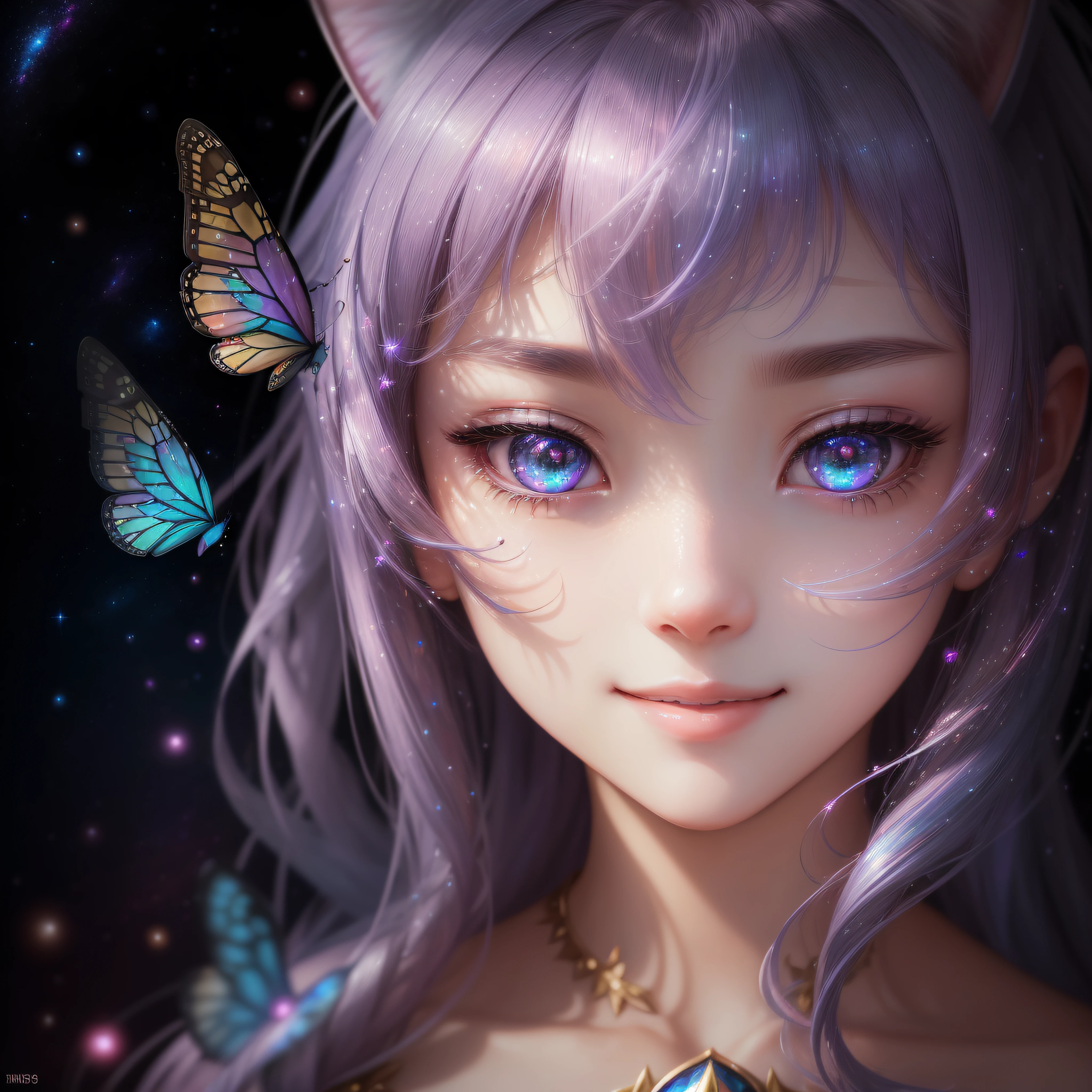 Close up of a smile with the corners of the mouth raised、Close up of a smile with the corners of the mouth raised、Close up of a smile with the corners of the mouth raised、close up of face、close up of face、close up of face、round and clear eyes、Shining eyes、Shining eyes、Beautiful 22 year old woman、dreamlikeart、Highly detailed airbrush art(((Surreal))、intricate detailes、Volumetric lighting、(masterpiece:1.2)、(top-quality)、(The ultra-detailliert)、(The composition of the movement:1.4)、Highly detailed colorful details、(Irridescent color:1.2)、(Bright lighting)、dream-like、Magical、dynamic compositions、Ray traching、The mirror reflects light、Shallow depth of field、ultra-detailliert、mixing exposure、nffsw、Super masterpiece、vivd colour、colourfull、One woman's face、(Cute cat in clothes)、Anthropomorphic representation、Rich colors、exquisitedetails、(masutepiece,Best Quality:1.5), (butterflys,Exquisite butterflies,Ultra CG), (High resolution:1.5)、(Big eyes、Iridescent eyes、Shining eyes、Eye Gloss)(Smile with the corners of your mouth raised、Open mouth、lipgloss)、(bangss、Silver-pink hair)、The universe is infinite、stele々and planets、There are countless galaxies。Countless stars々Shines、Its brilliance is mysterious and fascinating。The brilliance of beautiful celestial bodies creates a fantastic sight。
stele々Available in different colors and sizes.、Among them is blue、reddish、yellow, etc.々Color exists。Brewster, In particular, It is a young and active star.、Red stars represent mature or giant stars。This diverse star々But、Add fantastic colors to outer space。