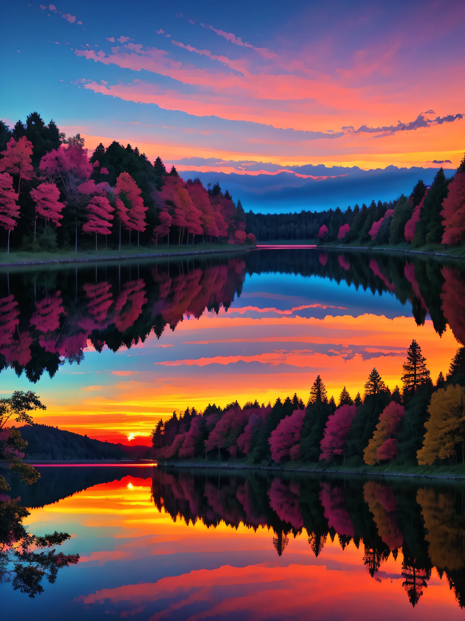 there is a beautiful sunset with a lake and trees in the background, colorful skies, surreal colors, colorful sunset, colorful sky, marvellous reflection of the sky, stunning sky, dream like atmosphere 8k, colorful clouds, colors reflecting on lake, surreal sky, red and blue reflections, fire reflection, beautiful sky, beautiful and spectacular dusk, beautiful dreamy landscape, amazing sky